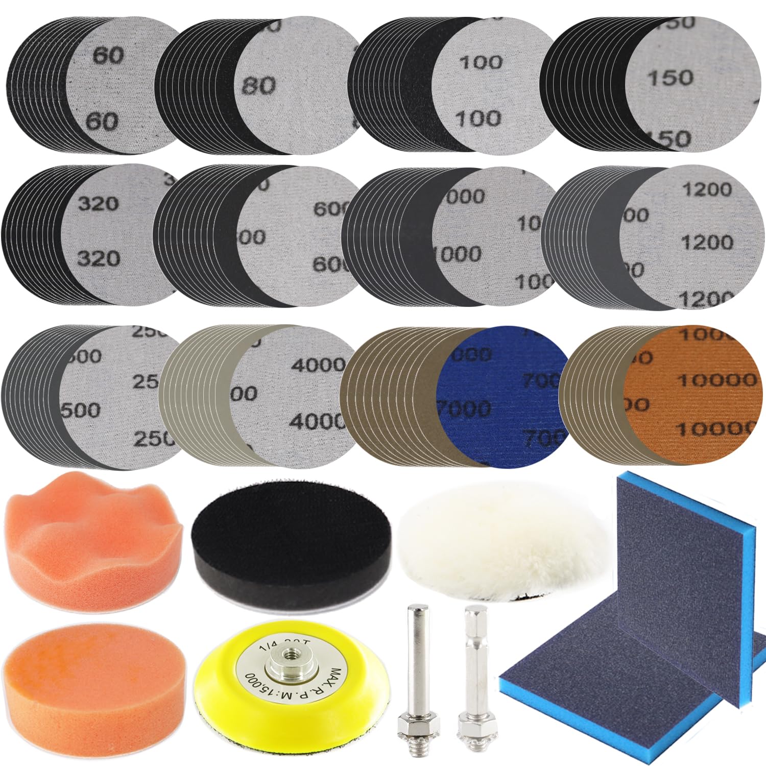 120pcs Sand Paper 3 Inch Sanding Disc Grit 60-10000 Wet Dry Sandpaper with 1/4" Shank Backer Plate and Sanding Sponge and Soft Foam Buffering Pad