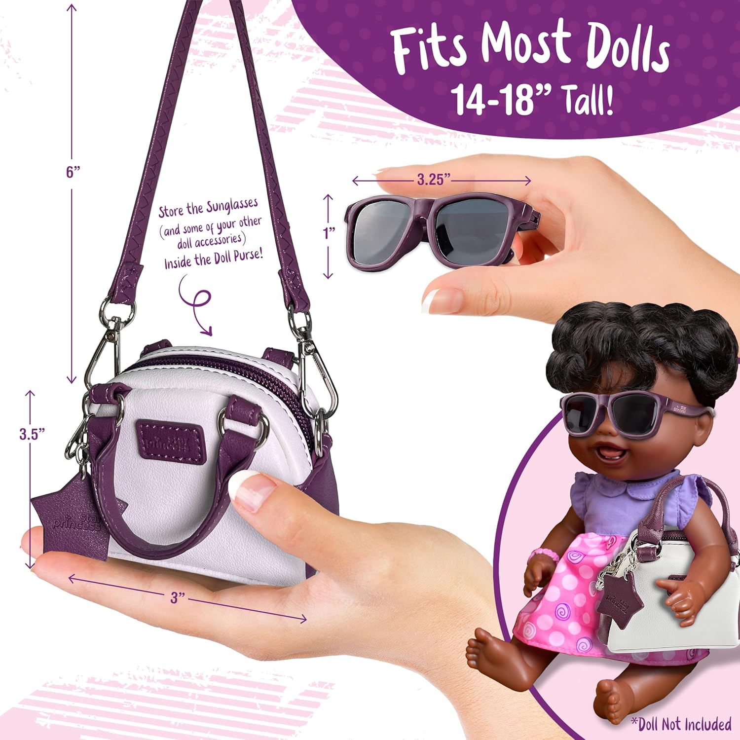 Doll Purse and Sunglasses for 18-Inch Dolls - Accessories Play Set for Kids Ages 3-12 - Excellent Gift for Girls and Toddlers