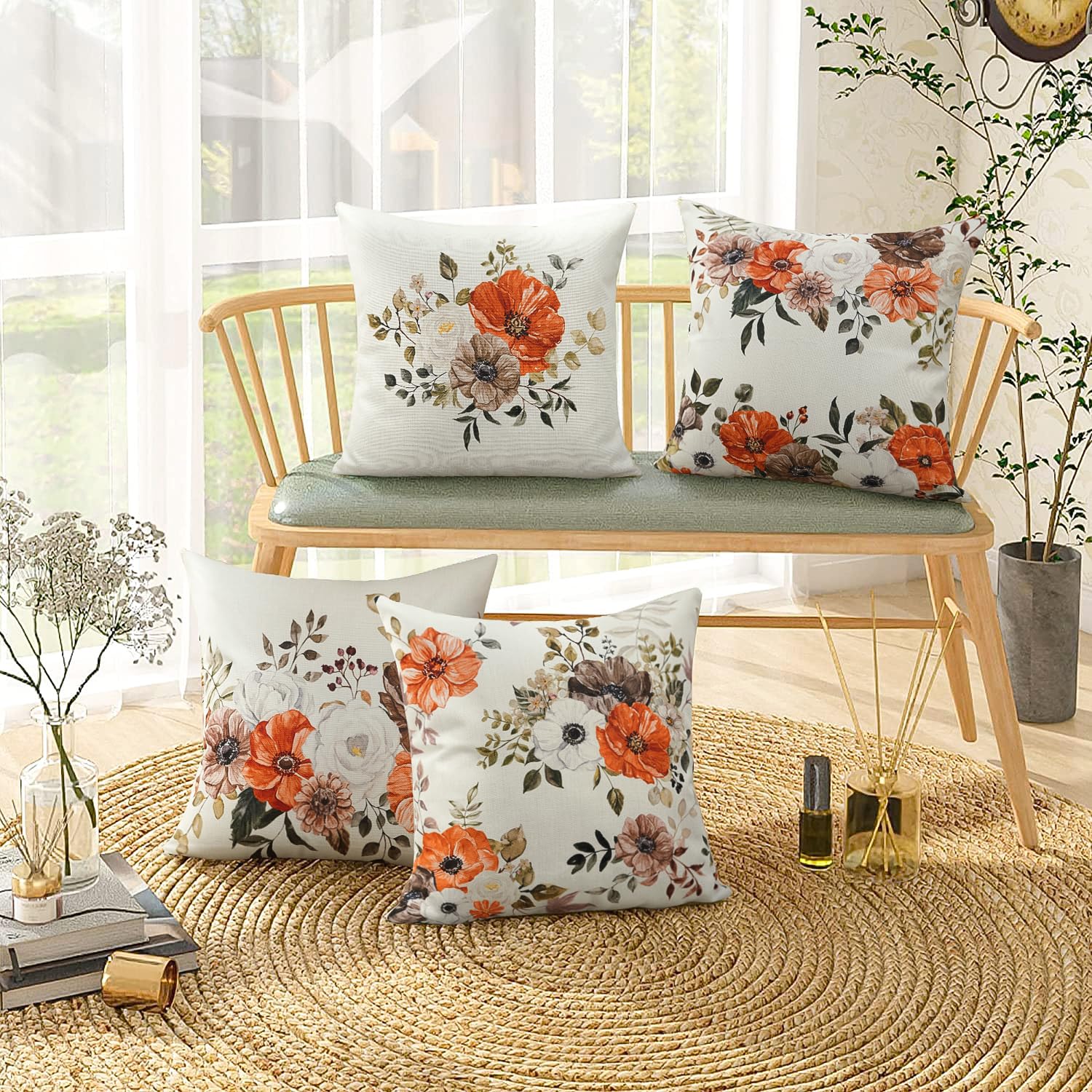 Fabritual Funda De Cojín De Tela De Lino Puro Hecha A Mano Con Estampado Floral De