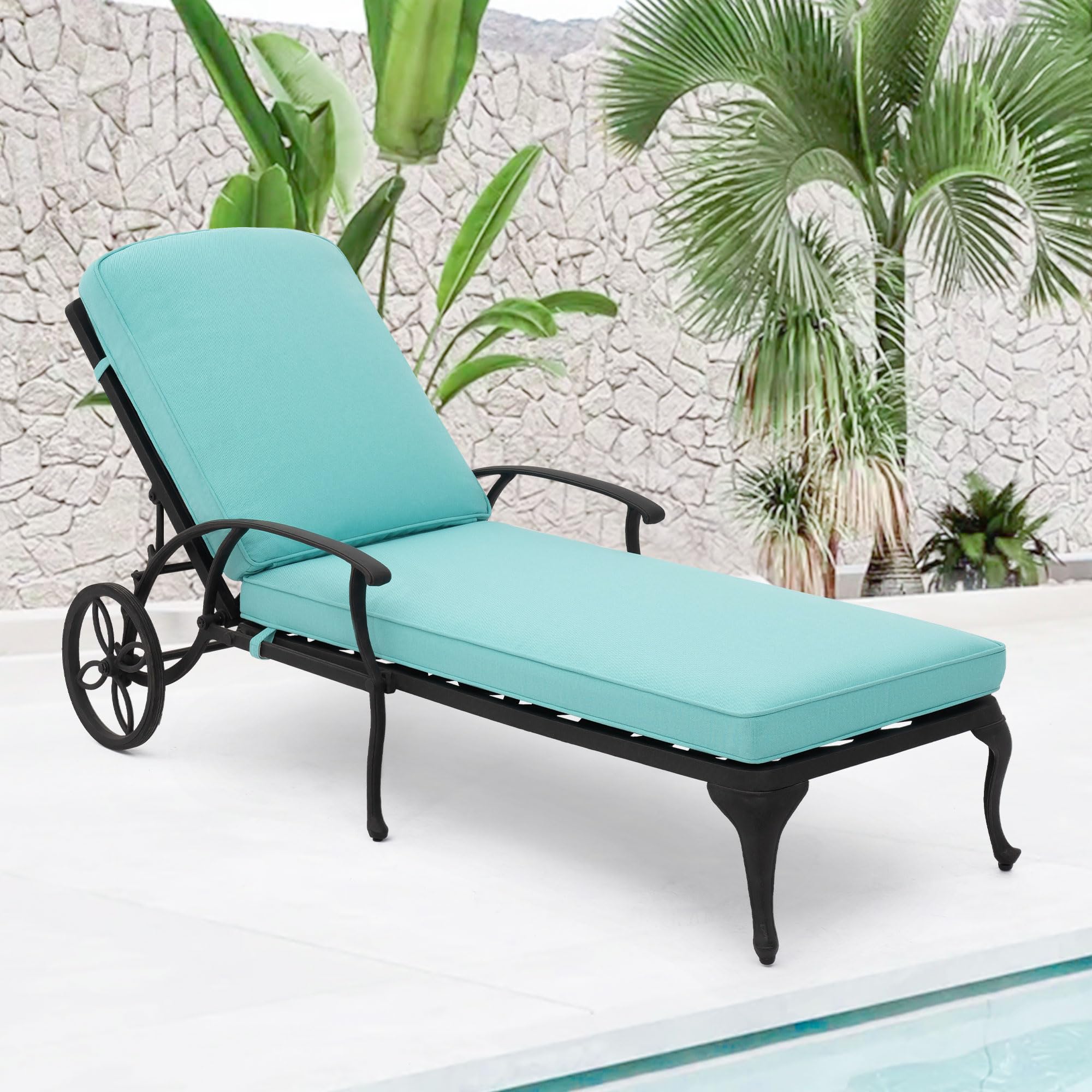 HOMEFUN Outdoor Chaise Lounge Chair with Cushion - Poolside Set of 1 Chair for Outside Cast Aluminum Waterproof Lounger with Wheels and Adjustable Reclining (Cyan Cushion)