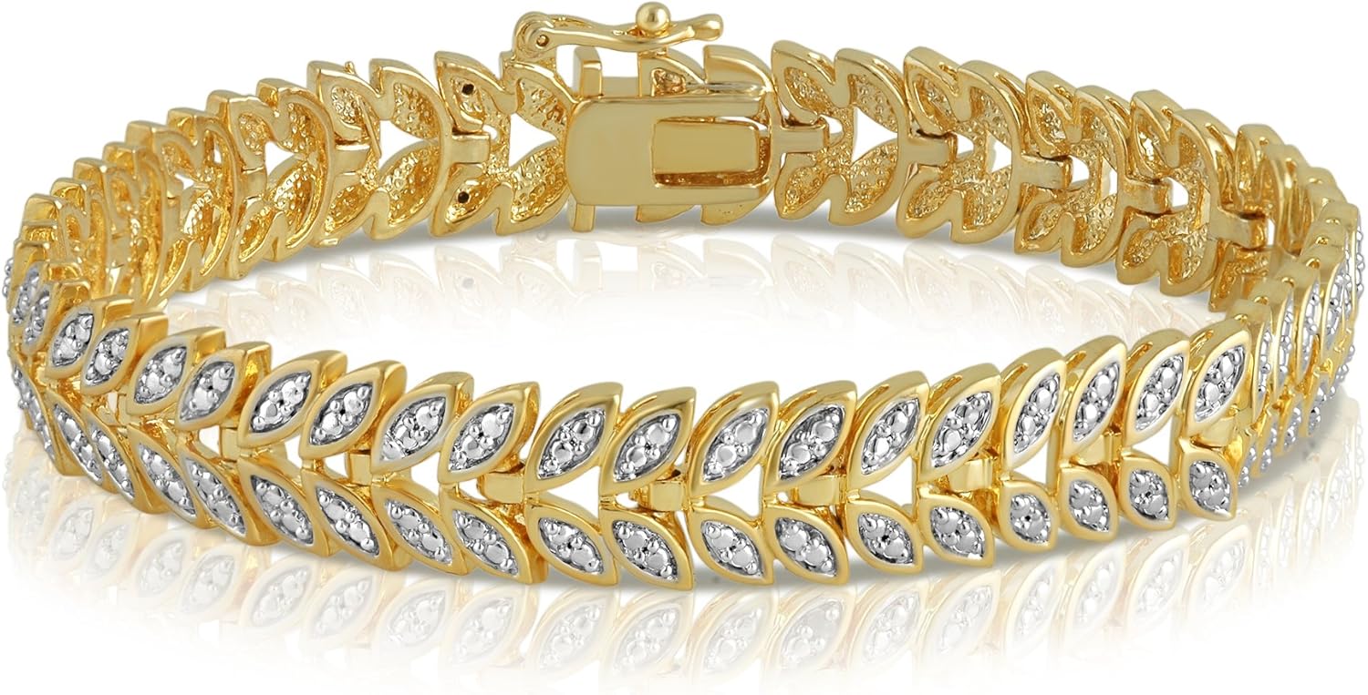 Wedding Party Wear Gold-plated Round Diamond Leaf Design, ‘S’ Link Tennis Bracelet (I-J, I3) |Fashion Jewelry for Women | Gift Box Included
