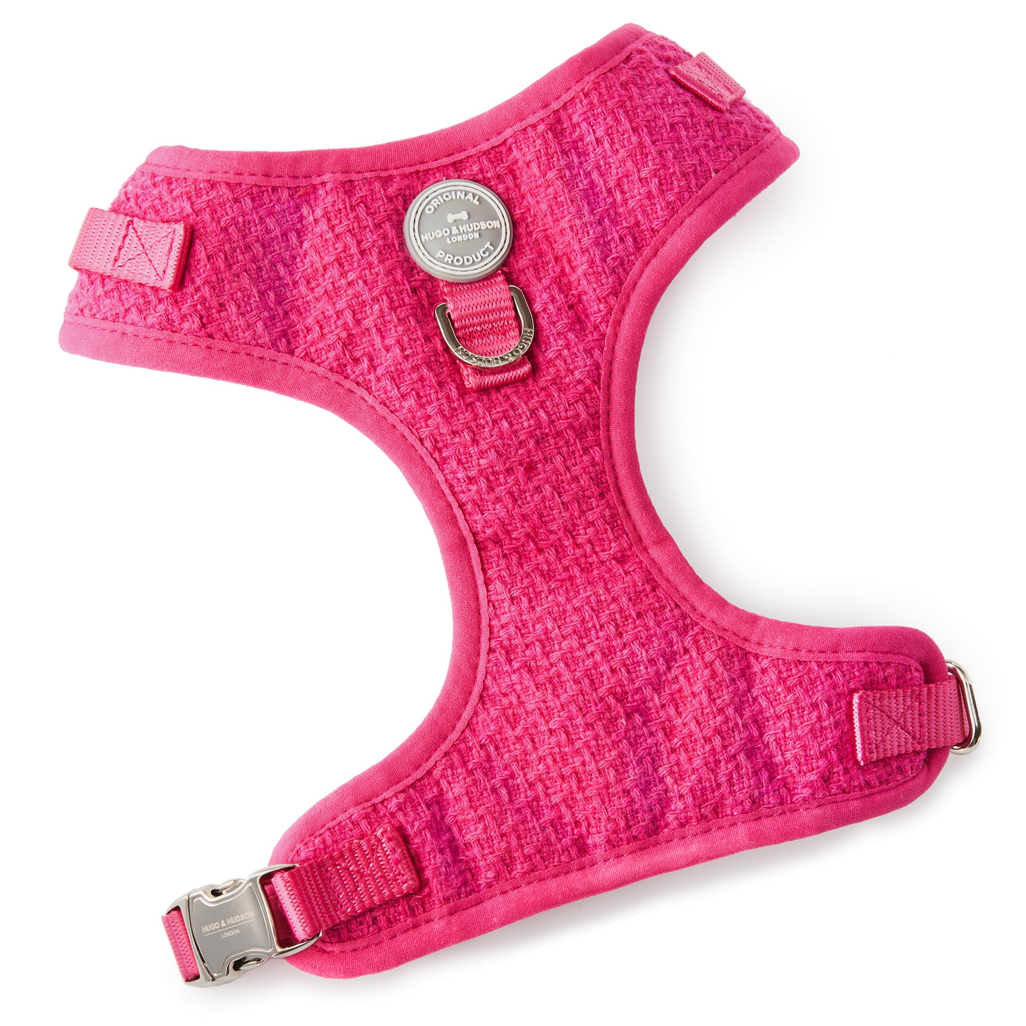 HUGO & HUDSON Tweed Dog Harness Adjustable Soft Padded No Pull Pet Vest with 2 Leads Clips, Pink, S