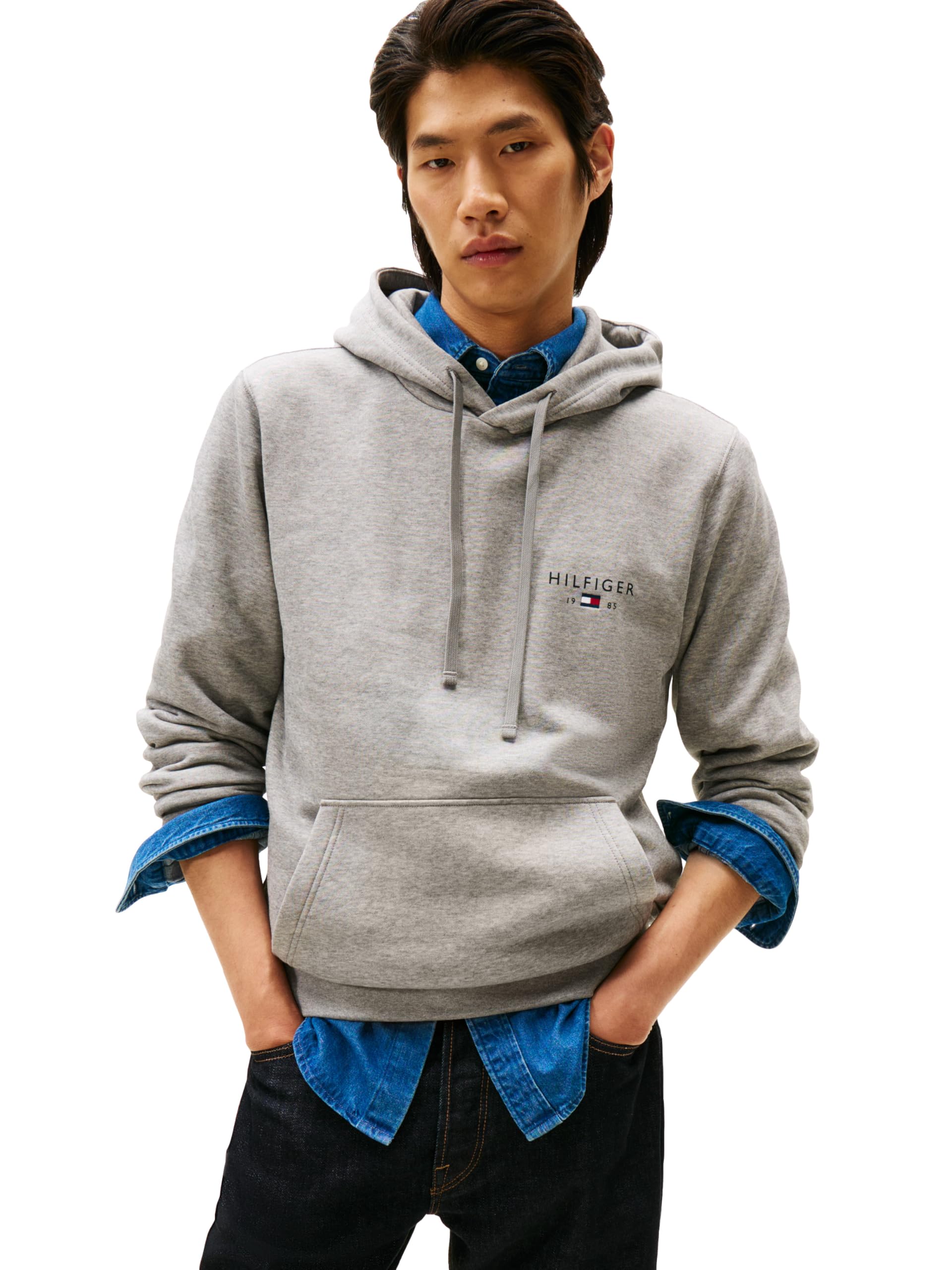 Men's Medium Weight Cotton Hoodie Sweatshirt With Embroidered Flag Logo and Drawstring