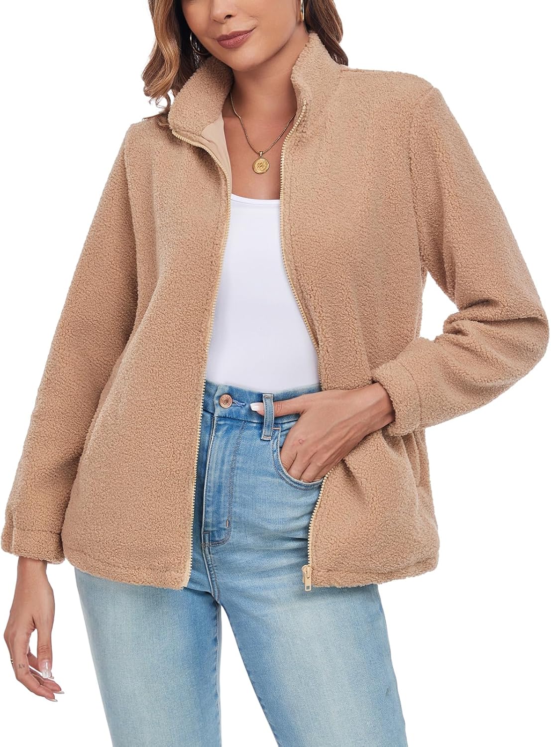 Women's Zip up Fleece Sherpa Jacket Oversize Stand Collar Long Sleeve Fuzzy Casual Jacket with Pocket - Image 2