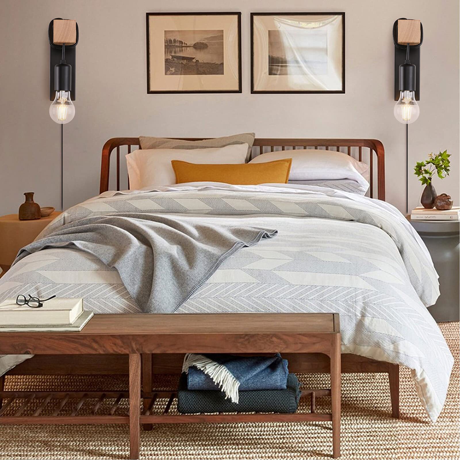 Set di 2 applique da parete con spina nera, E27, lampada da parete per camera da letto, comodino, casa colonica e lettura, con interruttore in legno moderno, con cavo a spina (coppia)