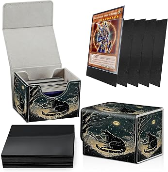 Card Deck Box Plus 100 Counts Matte Black Card Sleeves, Black Cat Moon for Collectible MTG TCG CCG Card Storage Box Horizontal Holds 100+ Single Sleeved Cards, Leather Game Card Box Organizer
