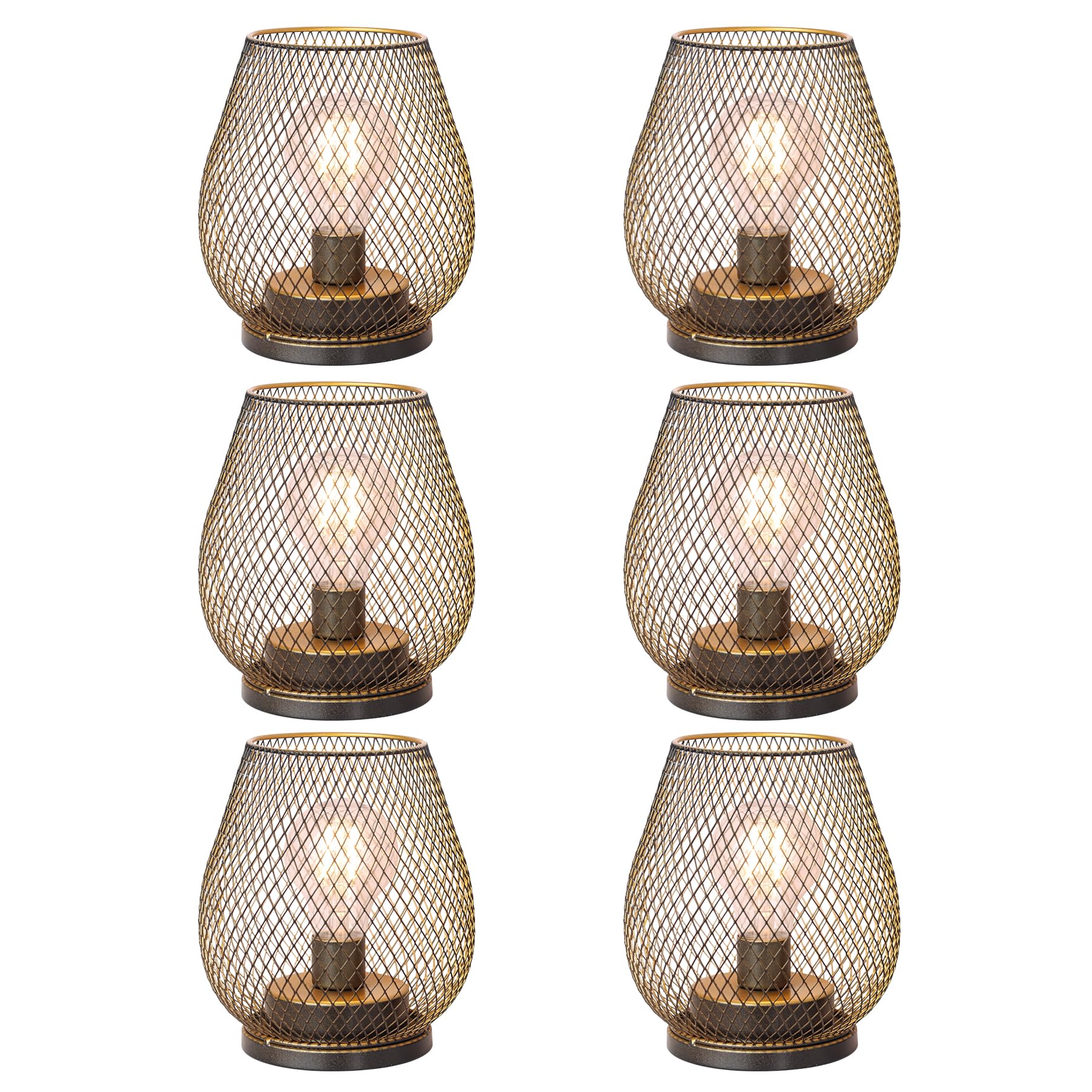 DECORKEY Set of 6 Battery Operated Lamp LED Table Lantern, Golden Metal Cage Cordless Lamps with LED Bulb, Vintage Decorative Outdoor Lantern for Weddings, Party, Patio, Events for Indoors Shelf Decor