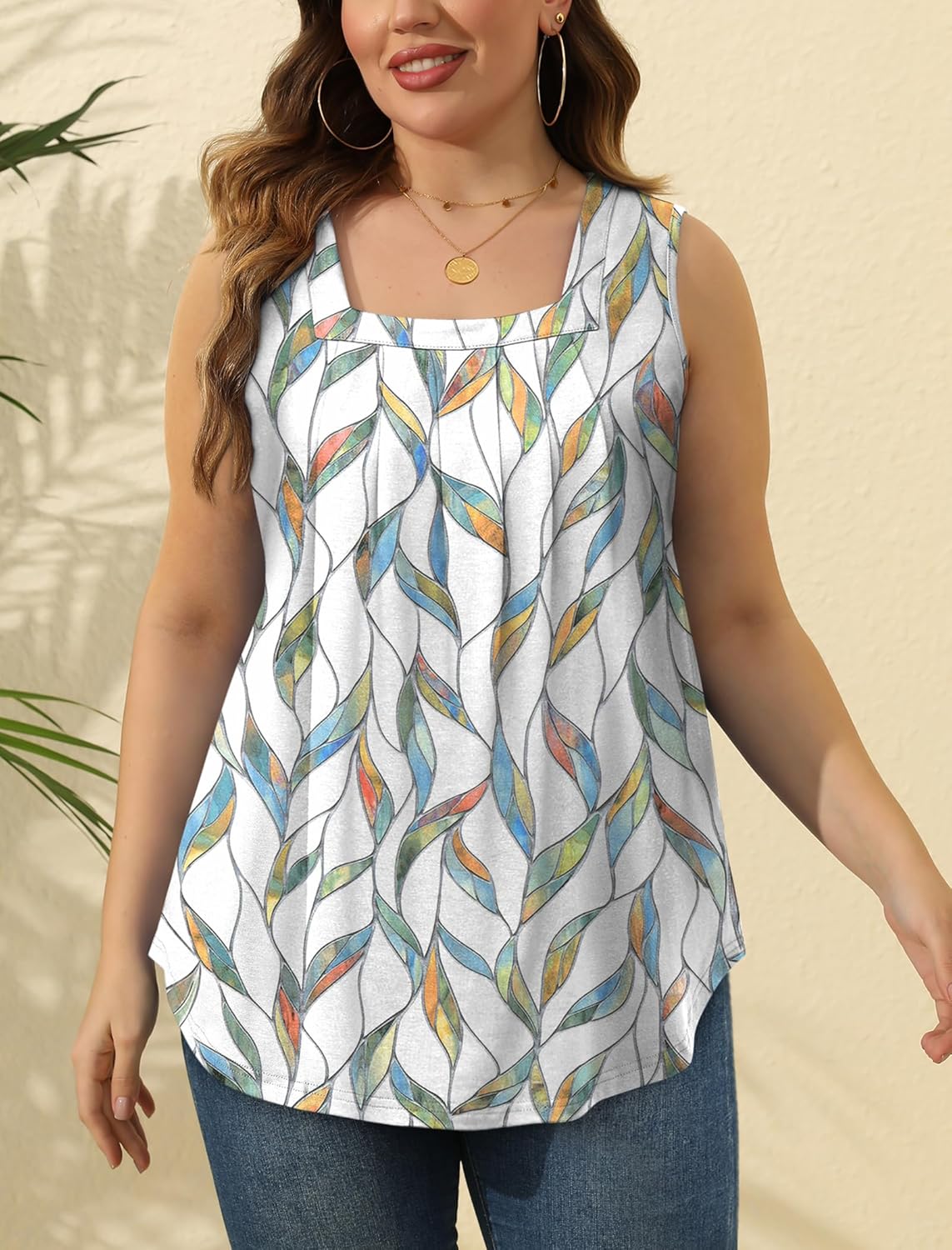 Saloogoe Summer Tank Tops for Women Loose Fit Pleated Square Neck Sleeveless Tops Curved Hem Flowy - Image 5