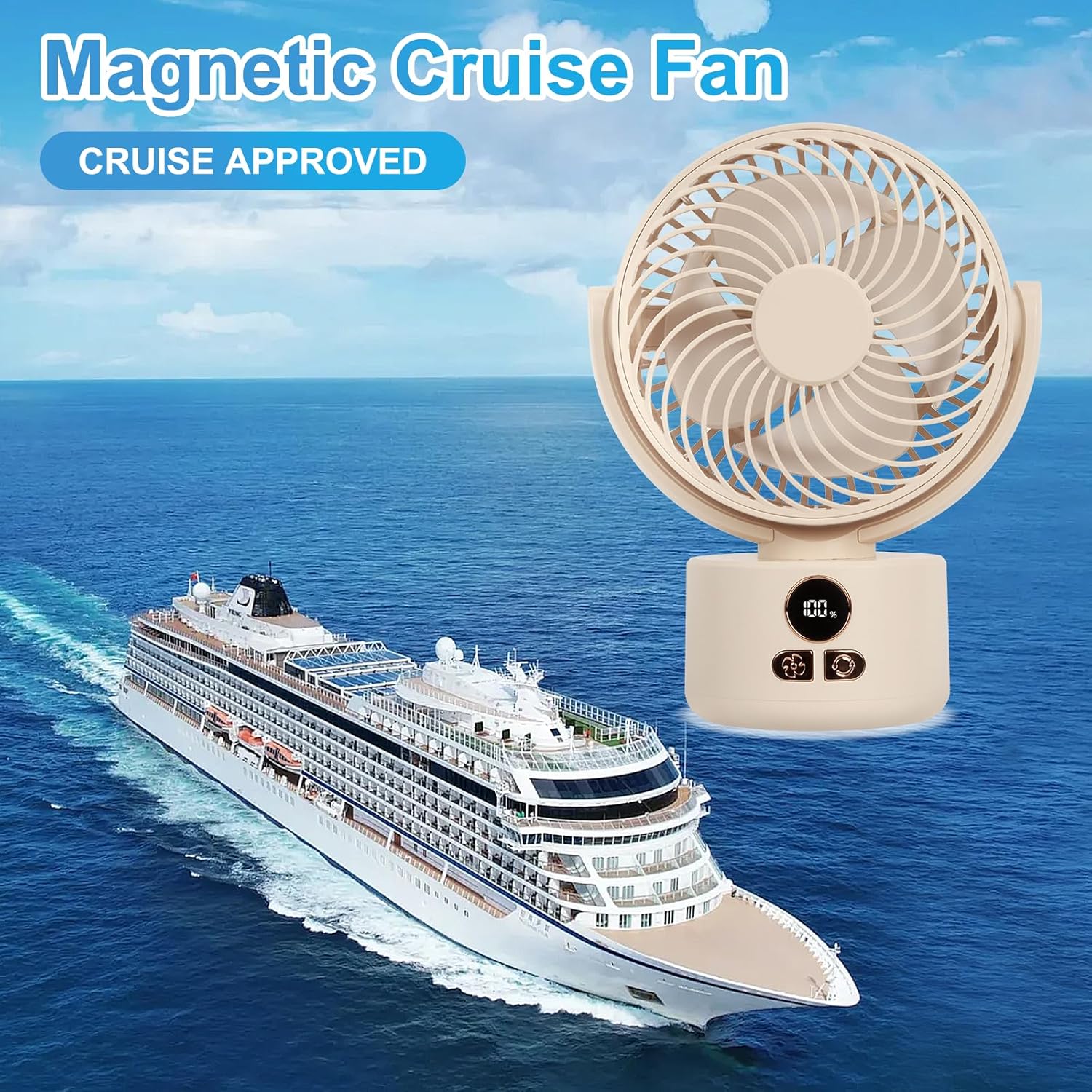 Cruise Magnetic Oscillating Fan with Digital Display, Cruise Ship Approved, Magnetically Attach to Cabin Ceilings and Walls