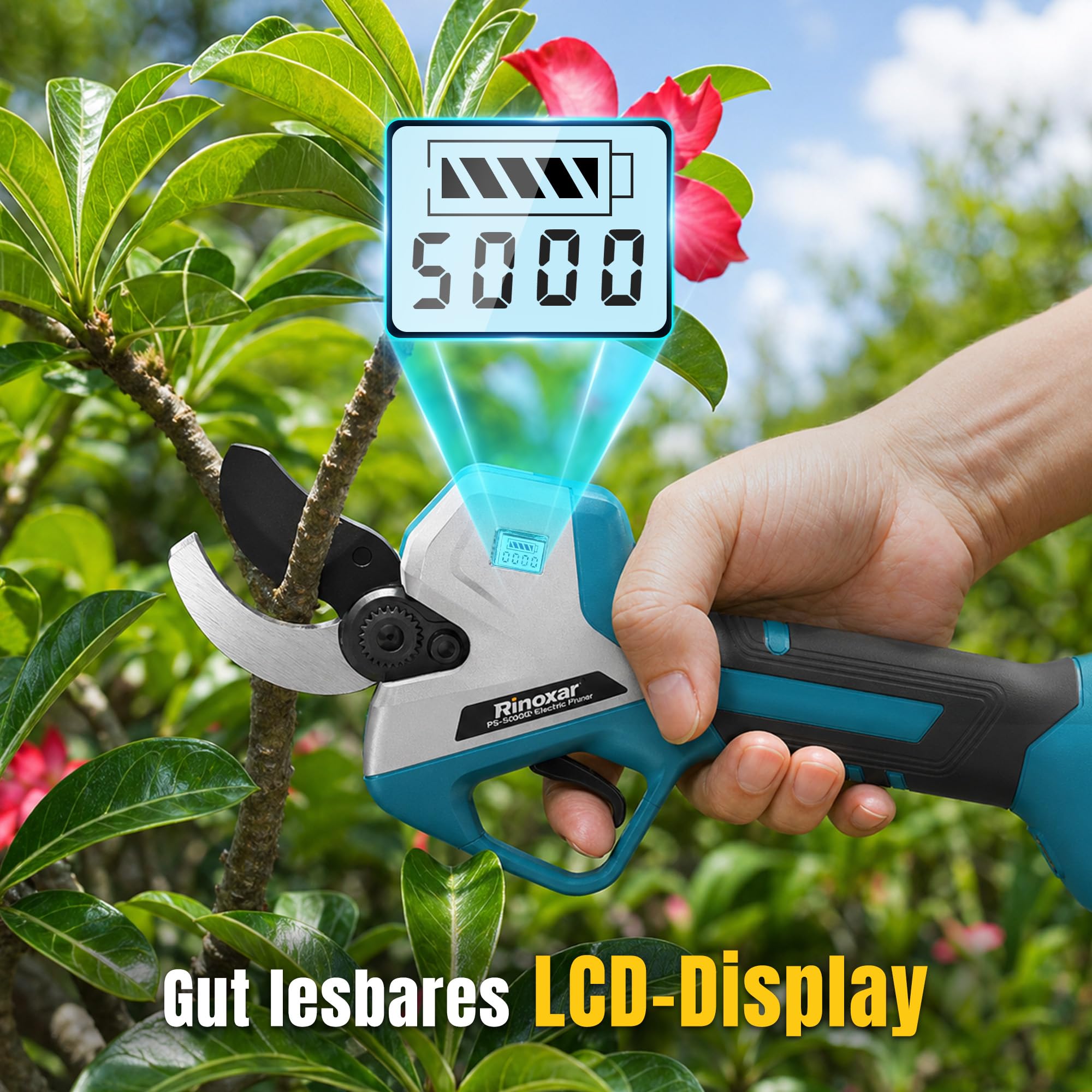 Akku Astschere 50 mm Profi, Elektrische Gartenschere Kabellos mit 2 x 4000 mAh Akku, Bürstenloser Motor, LCD-Display, Astschneider für Garten, Äste und Obstbäume
