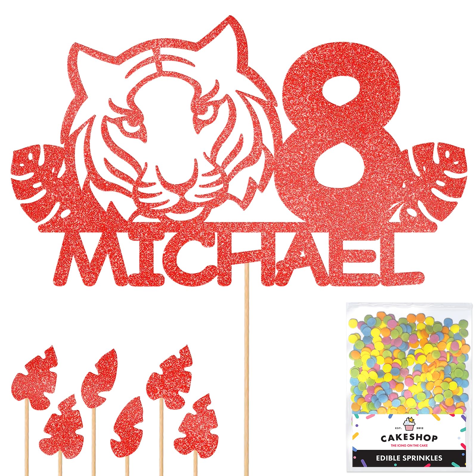 Personalised Birthday Jungle Tiger Glitter Cake Topper- Red Any Custom Age & Name Glitter Cake Decoration and Sprinkles - Happy Birthday Decorations - Personalised Toppers for Cakes by Cakeshop