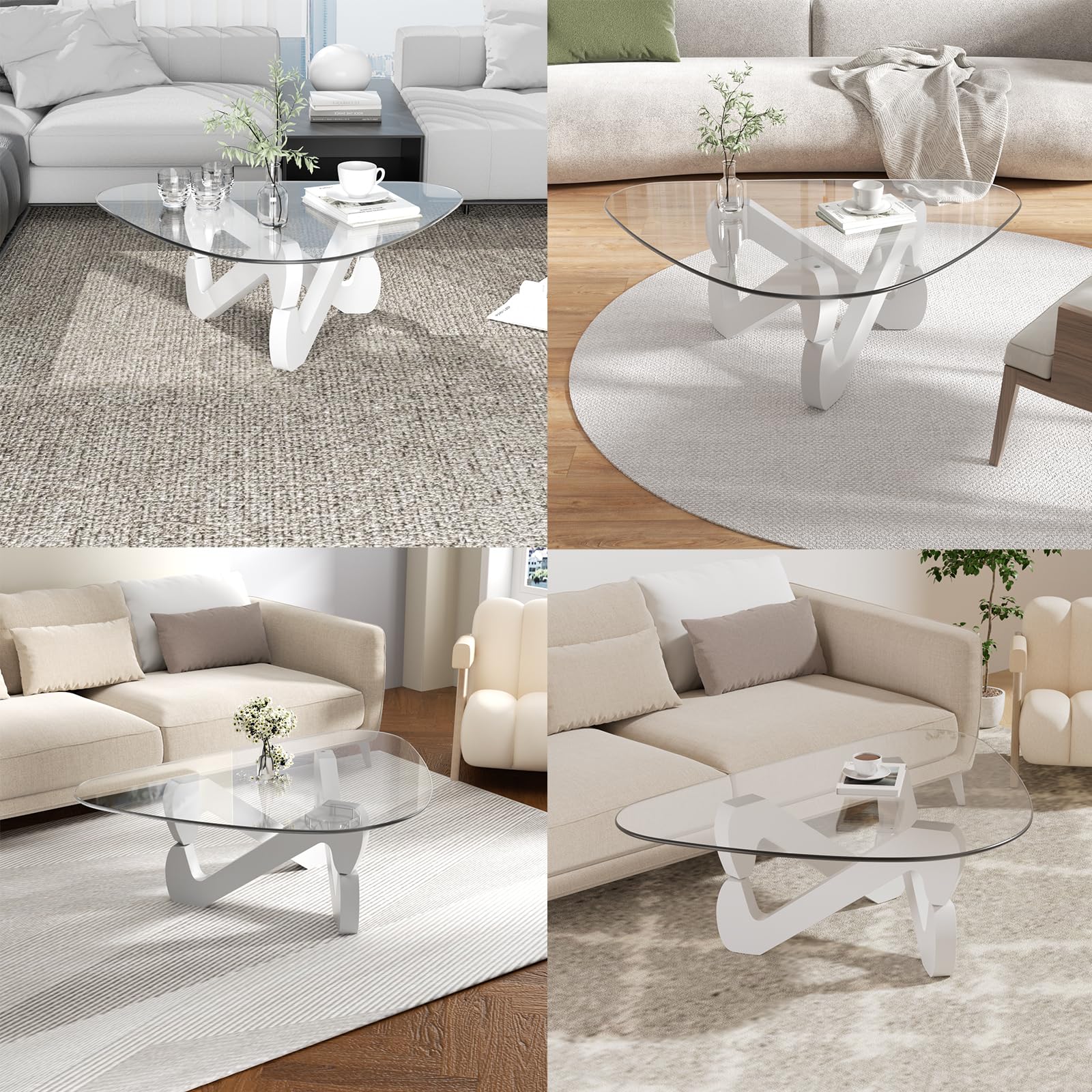 Tavolino da centro in vetro triangolare, tavolino moderno con base triangolare in legno massiccio e vetro temperato spesso, tavolino ausiliare, tavolino elegante per soggiorno ufficio, 82 x 57 x