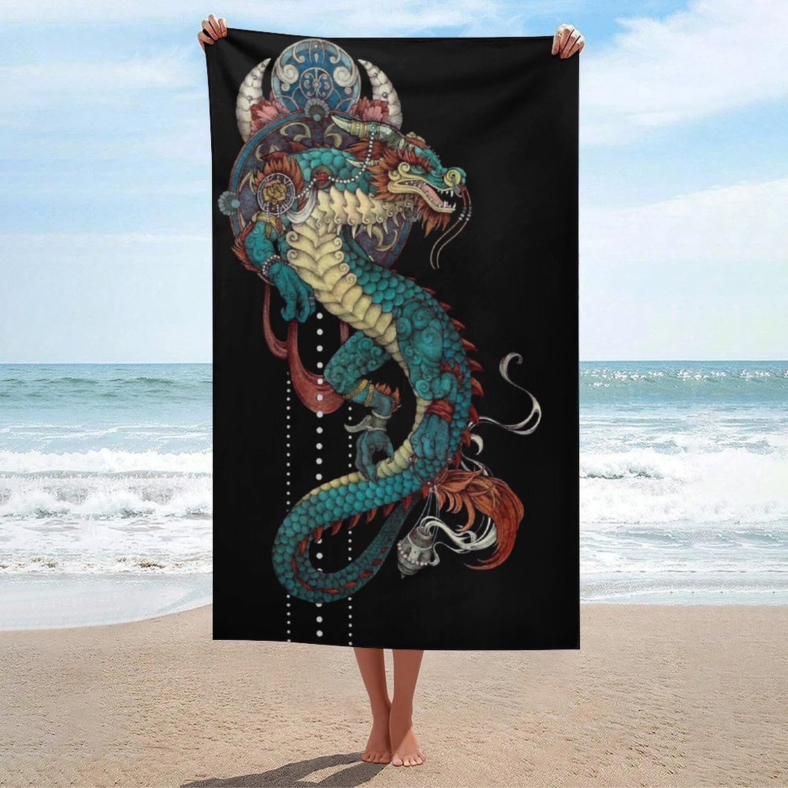 LEDFCVSU Beach Towel, Mythical Dragon Bath Towel, Absorbent Towel for Swimming, Sports, Travel