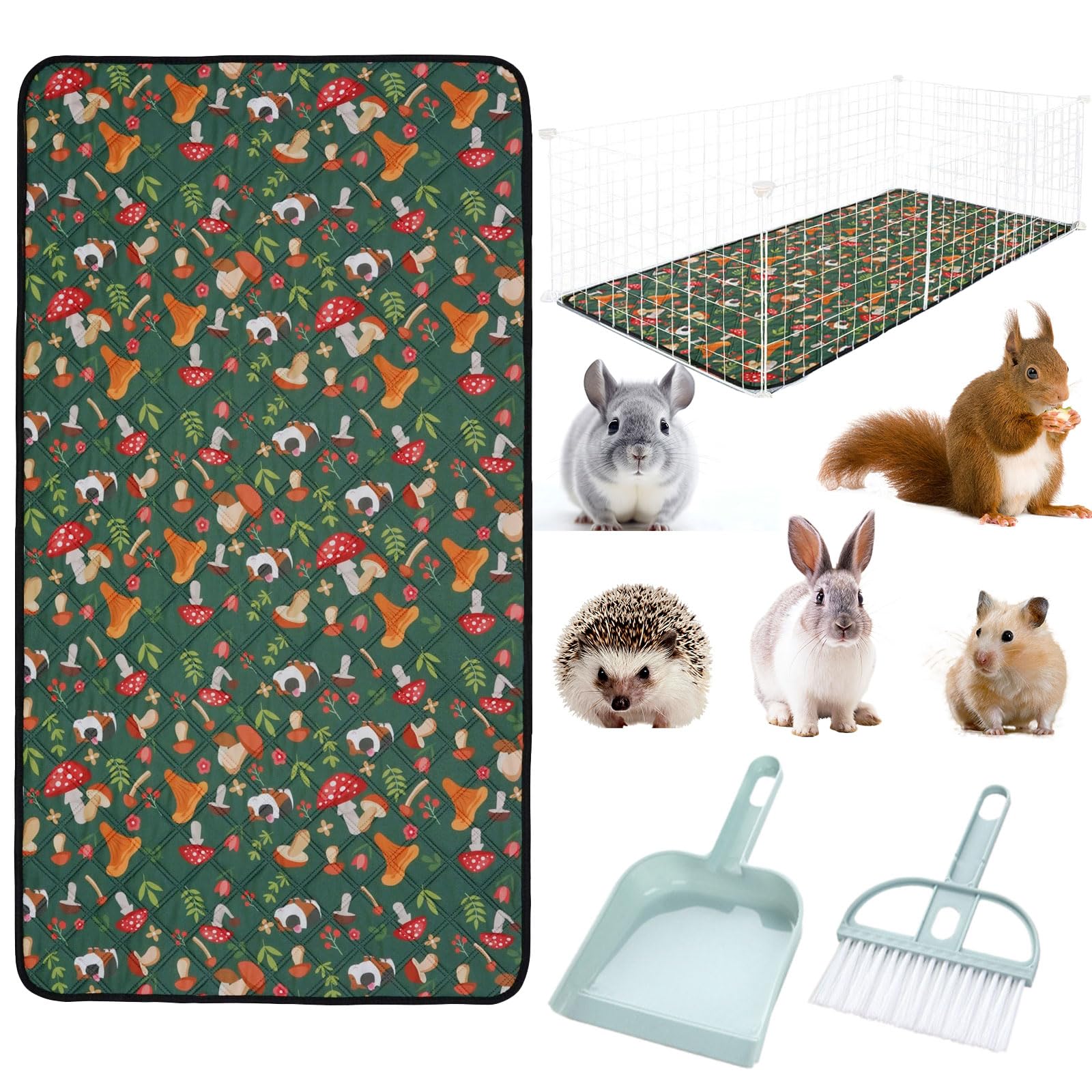 Valicaer 2 Pcs Guinea Pig Cage Liner with Cleaning Tool Set 60*45cm Washable & Absorbent Guinea Pig Pee Pads Waterproof Non-Slip Mat for Small Animals like Rabbits Chinchillas Hamsters