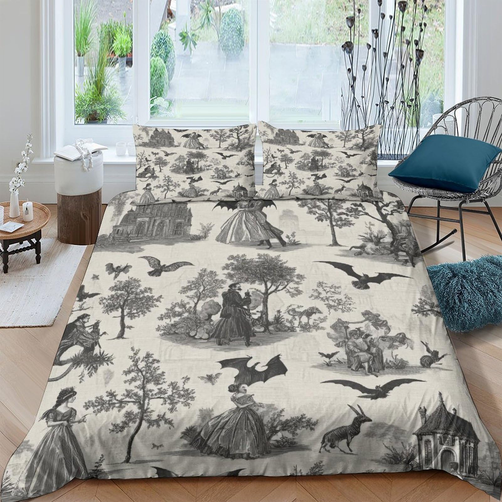 GPLZQXKJNH 3D Printed Vintage Forest Toile Duvet Cover Microfiber Soft Breathable Scenic Animal Bedding Set with 2 Pillowcases for Bedroom Decor Single（135x200cm）