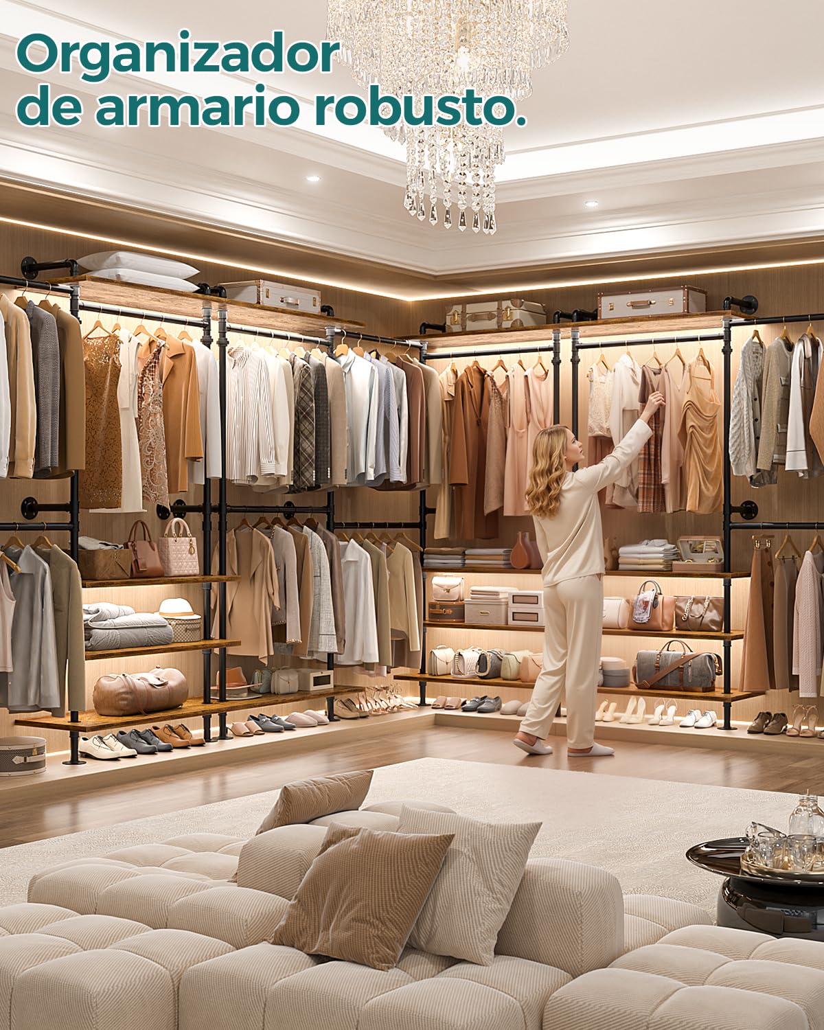 iSunirm Sistema de Armario Abierto – Barra Telescópica de Gran Capacidad, Armario de Acceso Facil, Flexible en Forma de L o Recta, Diseño de Tubo Industrial para Dormitorio y Vestidor