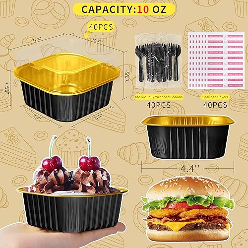 Miniatura 2 de HEYYUMI Moldes de papel de aluminio de 10 onzas con tapas y cucharas, paquete de 40 moldes cuadrados desechables de 4 x 4 pulgadas, moldes para