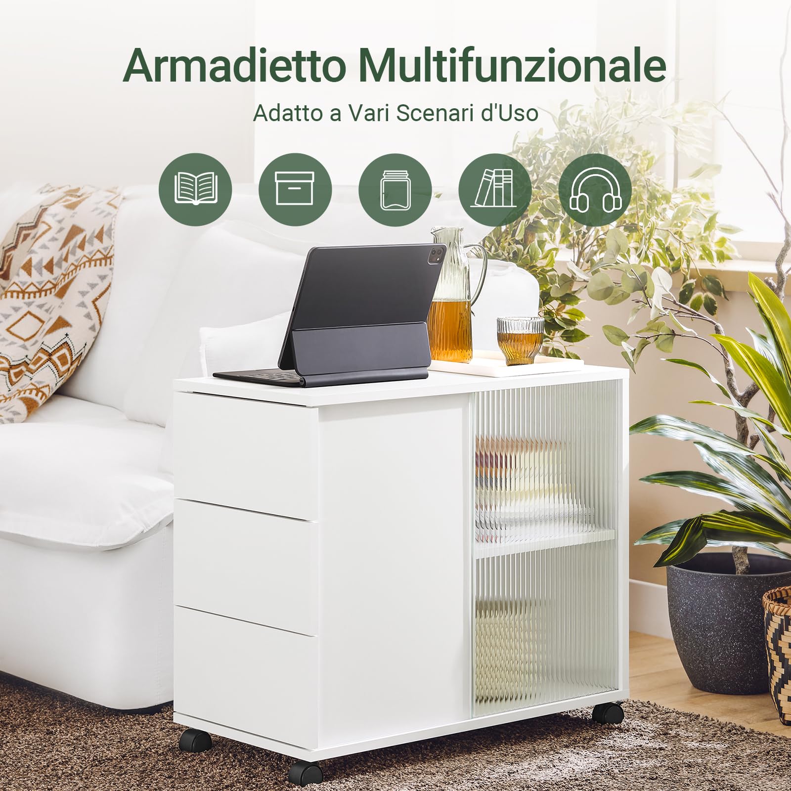 SoBuy Mobiletto con Rotelle, Comodino con 3 Cassetti e 2 Ante a Vetro, Tavolino Moderno Multifunzione per Soggiorno, Camera da Letto, Bianco 70x35x61 cm FBT141-W