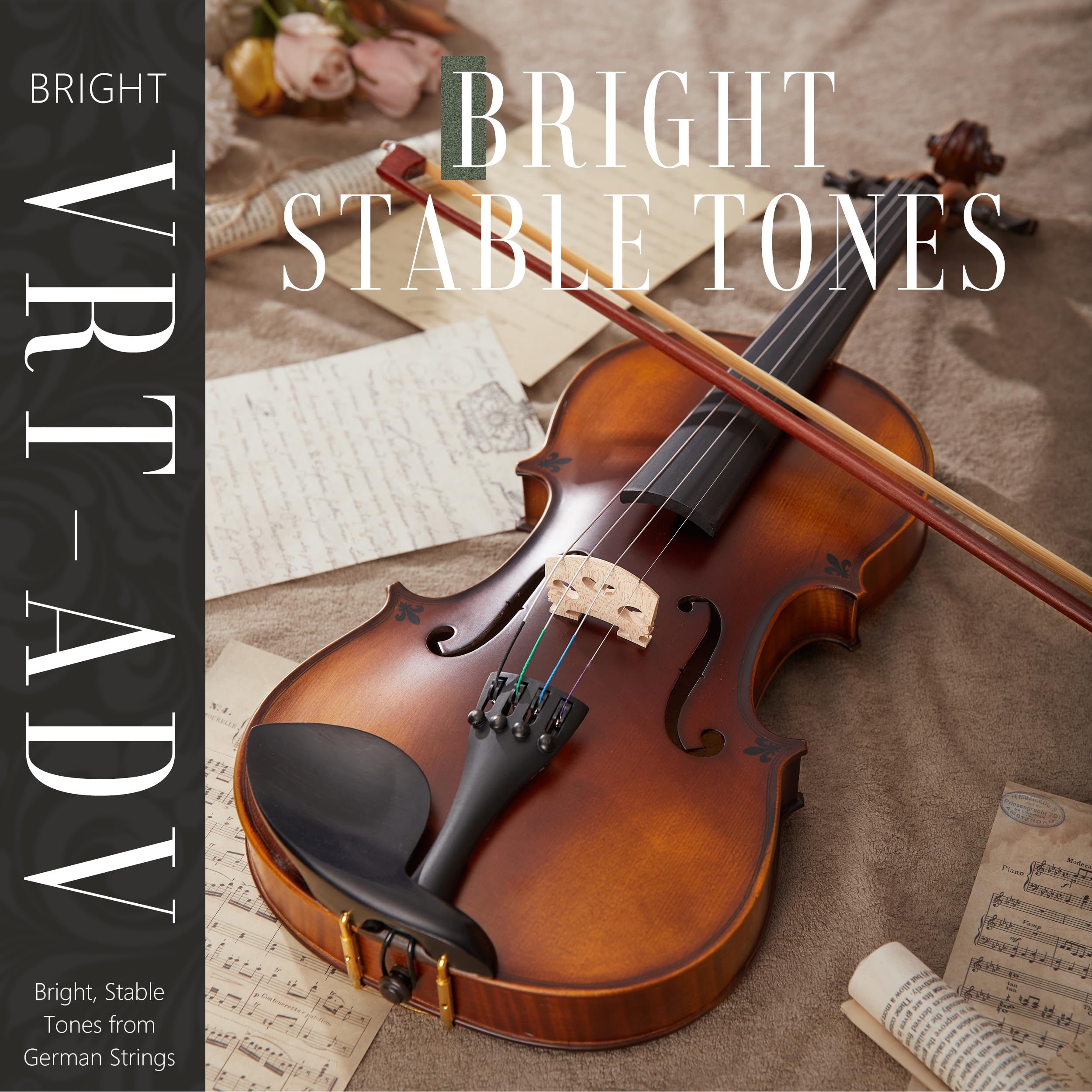 AKLOT Violino in acero fiammato artigianale: violino a grandezza naturale, kit di violino acustico avanzato con archetto in ebano, spalliera in legno massello, libro delle lezioni, custodia rigida