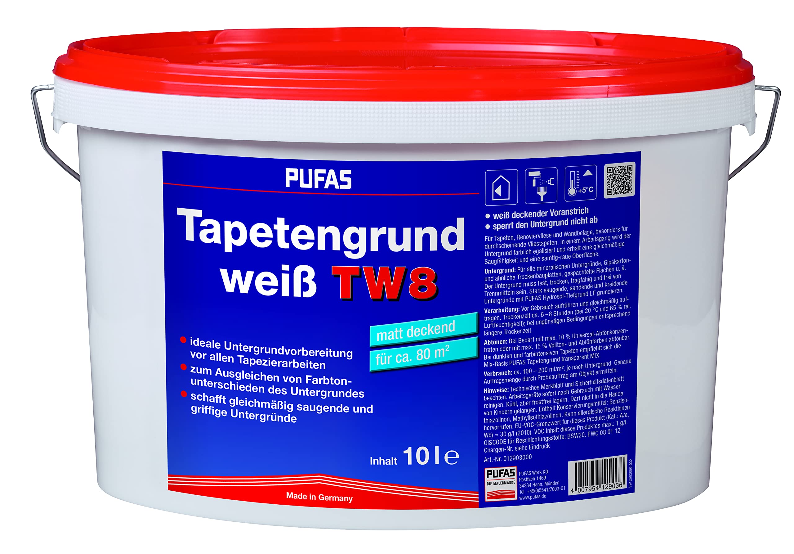 Pufas 12903000 TW8 Tapetengrund Tapetengrundierung, weiß, 10 Liter