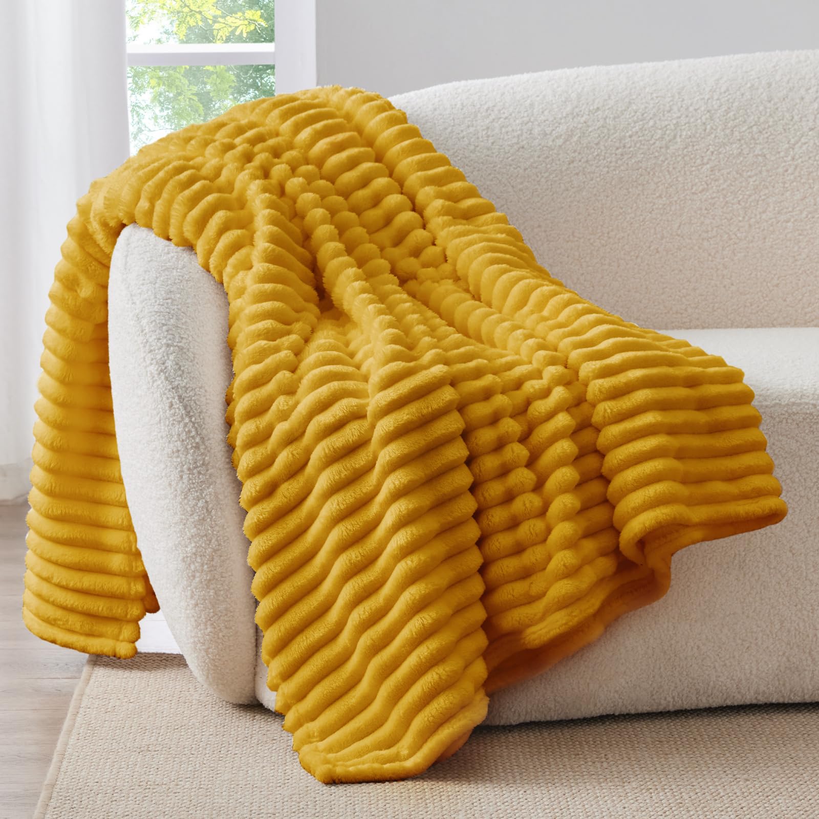 Fleece Throw Blanket for Couch - 300GSM Soft & Warm Fluffy Mustard Yellow Blanket, Decorative and Giftable Striped Blankets for Women, Men, 50"x60"
