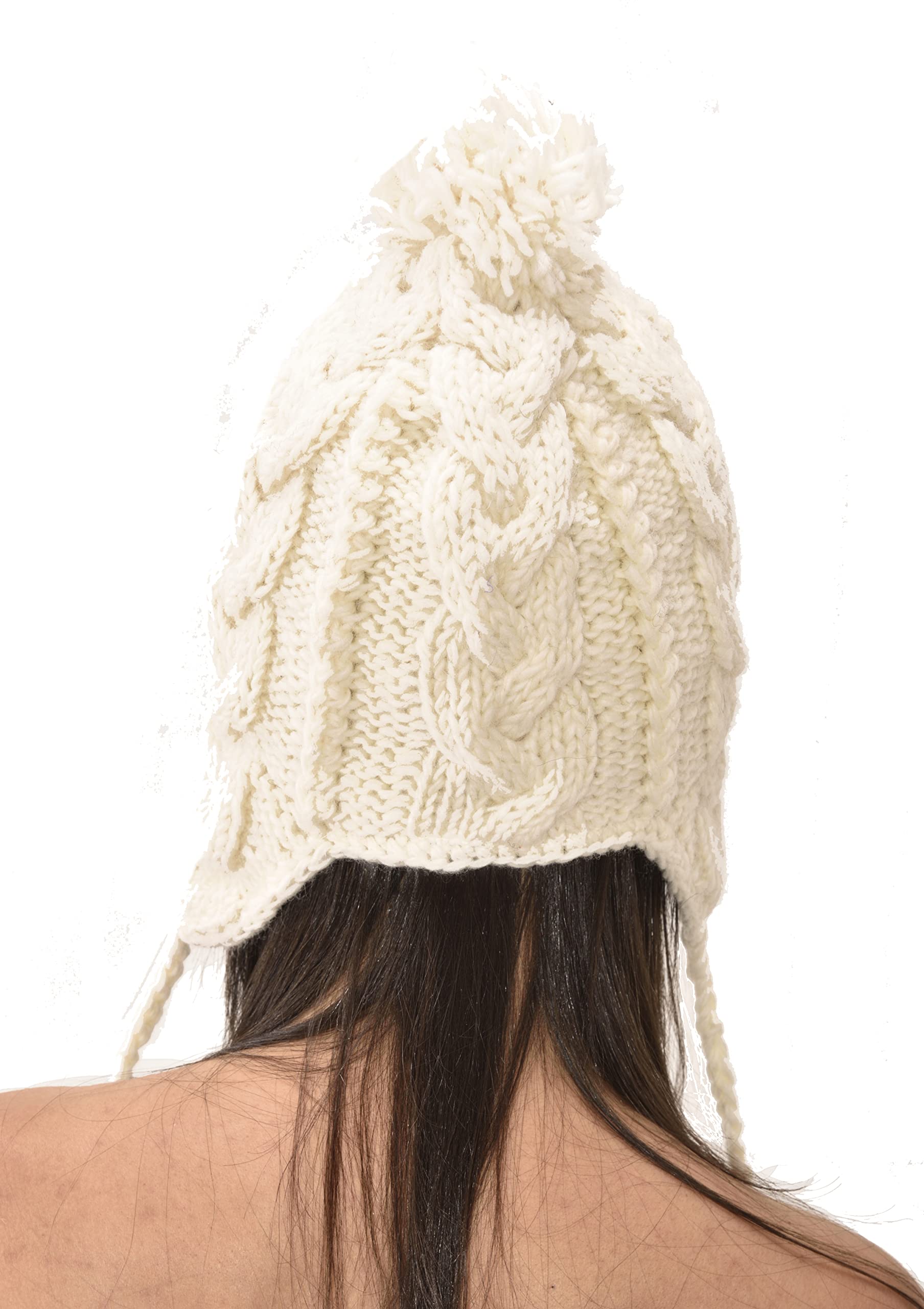 Three Cranes GalleryHand Knit Cable 100% Merino Wool Ear Flap Snowboard Ski Chullo Peruvian Style Nepal Himalayan Sherpa Earflap Fleece Lined Winter Beanie Hat White