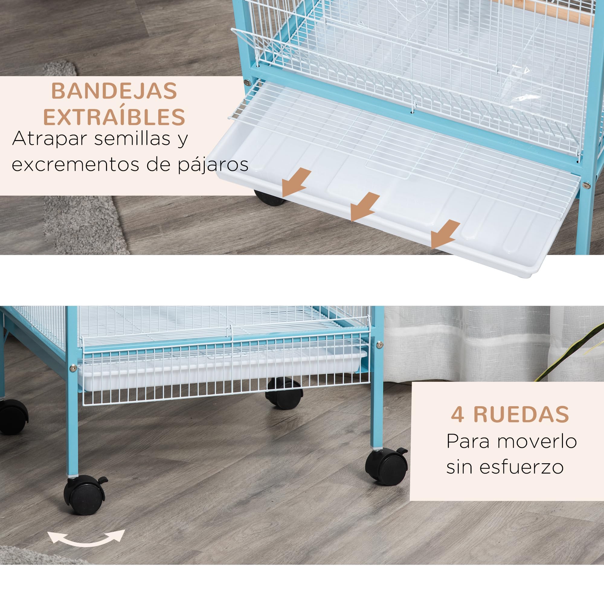 PawHut Jaula para Pájaros con Ruedas Jaula Grande de 2 Niveles Pajarera con Bandejas Extraíbles Puertas Comederos Perchas para Canarios Periquitos 51,5x50x140 cm Azul