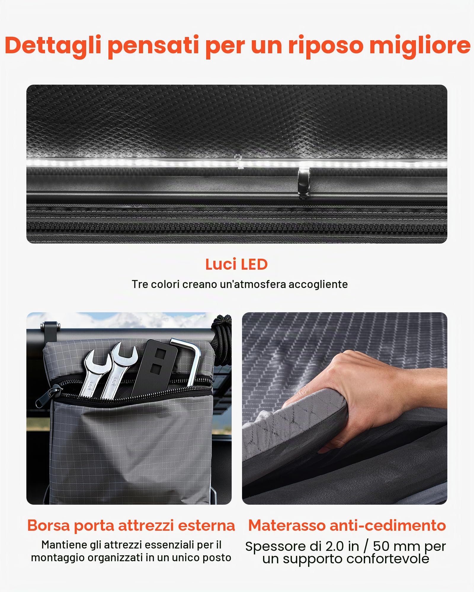VEVOR Tenda da Tetto per Auto per Campeggio Viaggio Capienza ca. 2-3 Persone, Tenda Sopra Auto Telaio in Alluminio con Illuminazione LED Finestra Scala Carico 150 kg, Impermeabile per Jeep SUP