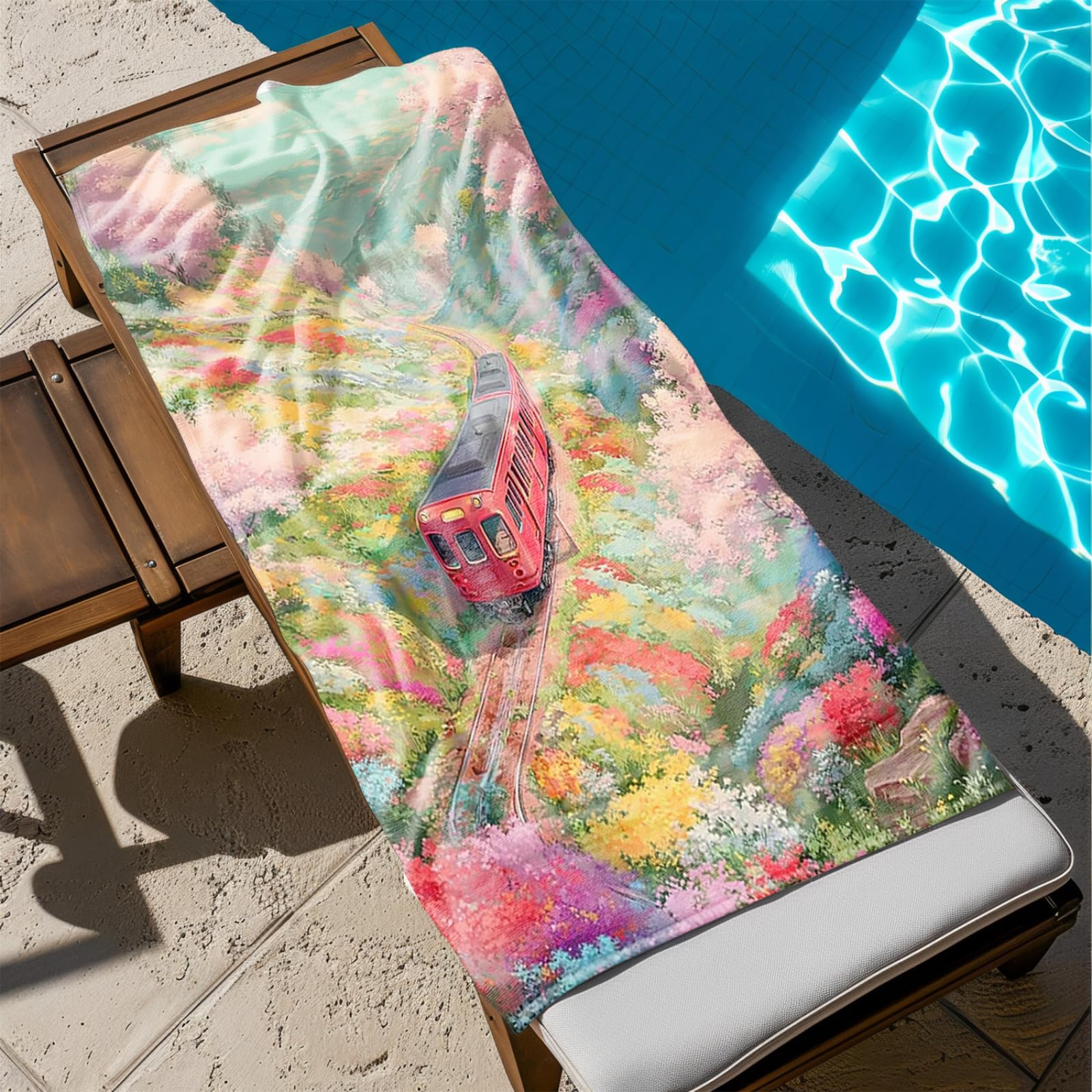 Tapis de Plage XXL Anti Sable Train, Fleurs Roses Serviette Piscine Adulte,Natte De Plage Pliable, Voyage Accessoires De Plage Camping,Serviette de Bain Personnalisée