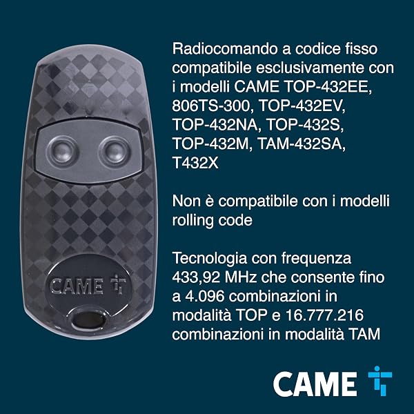 CAME Telecomando TOP-432EE bicanale nero multiutenza codice fisso con autoapprendimento, 433,92 MHz, batteria CR2032 inclusa, compatibile solo con modelli CAME, pratico e sicuro per controllo accessi - 5