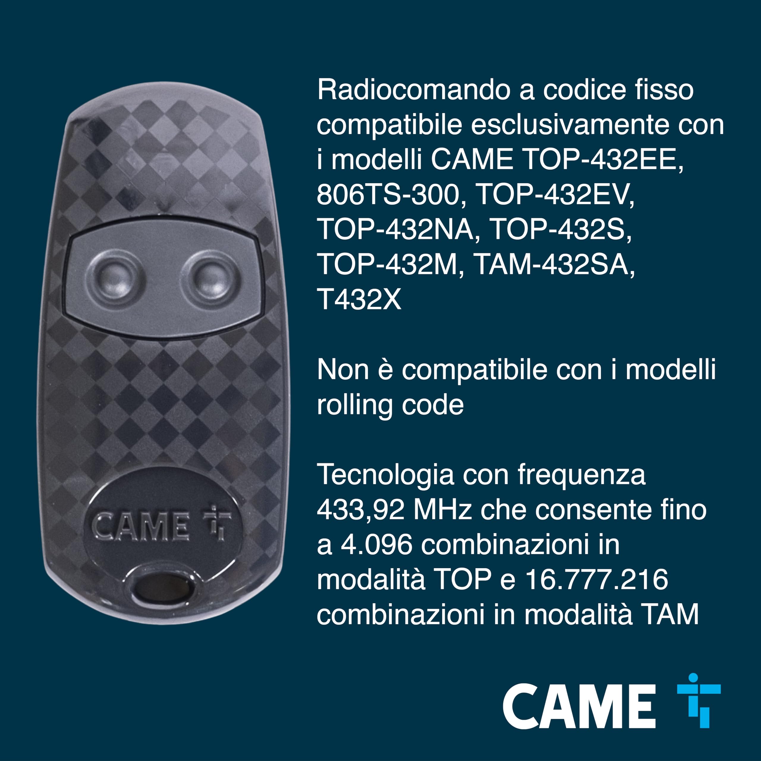 CAME Telecomando TOP-432EE bicanale nero multiutenza codice fisso con autoapprendimento, 433,92 MHz, batteria CR2032 inclusa, compatibile solo con modelli CAME, pratico e sicuro per controllo accessi