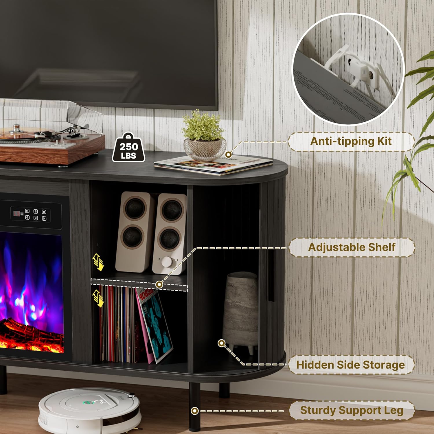 Kucreiheat 65" Fluted Fireplace TV Stand, Modern Entertainment Center for TVs Up to 75 inch, TV Console with Sliding Door, Curved Profile Design, Media Console for Living Room, Black
