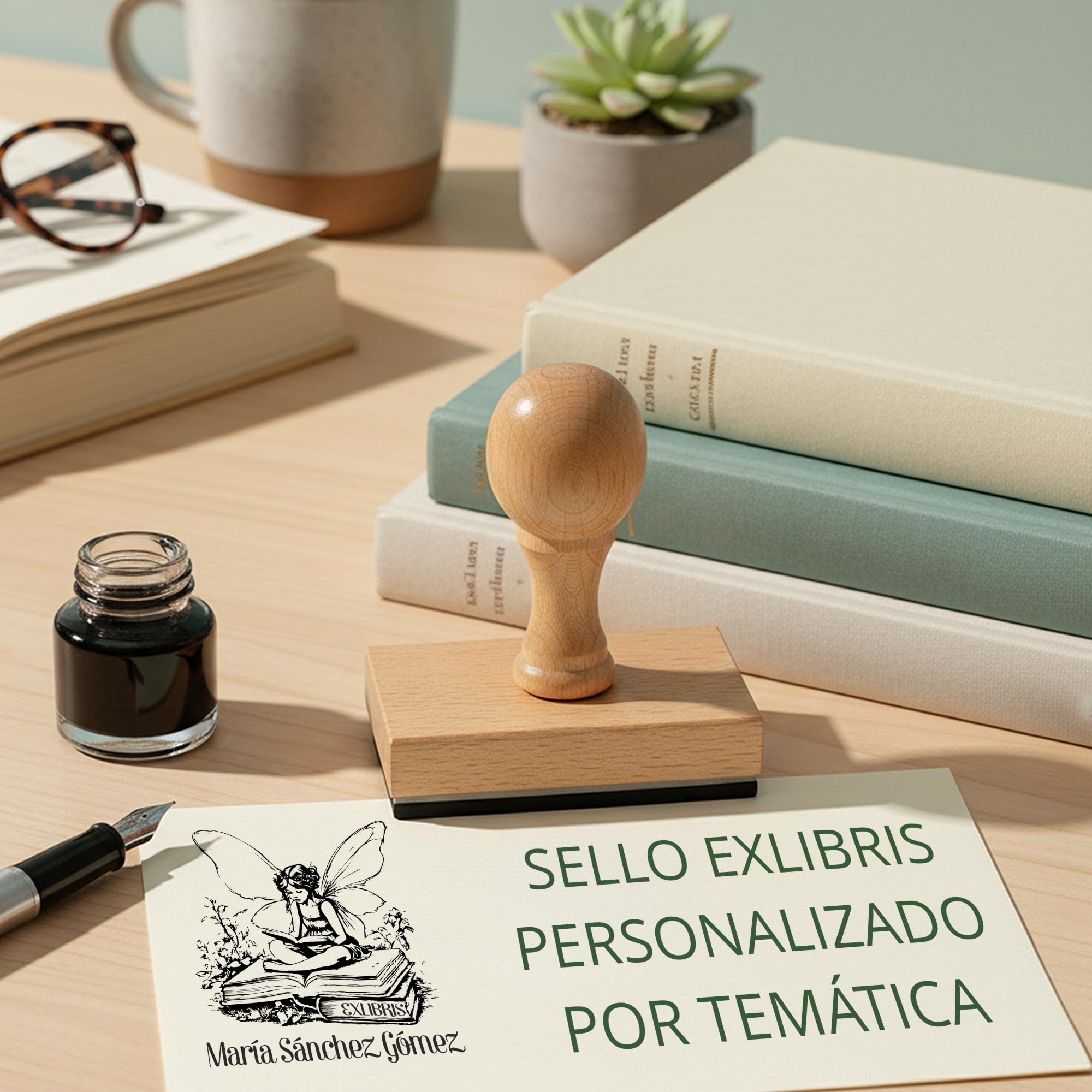 STAMPA | Ex Libris Personalizado Hada Leyendo – Sello para Libros con Nombre | Caucho Grabado Láser + Madera Haya/Caoba | Almohadilla de Tinta Negro/Azul/Rojo/Verde | Caja Regalo