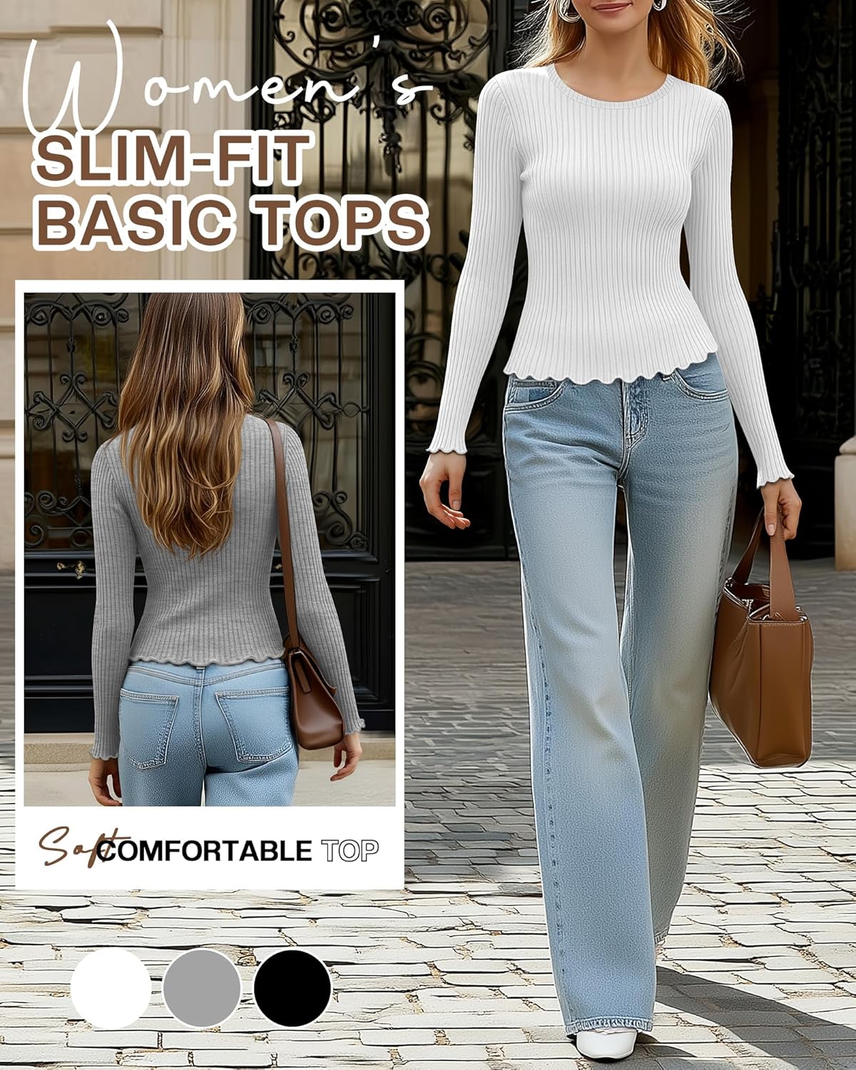 3 Pack Women's Long Sleeve Shirts Ribbed Cotton Slim Fit Crew Neck Tops Layering Lettuce Trim Basic Tee Winter - Image 3