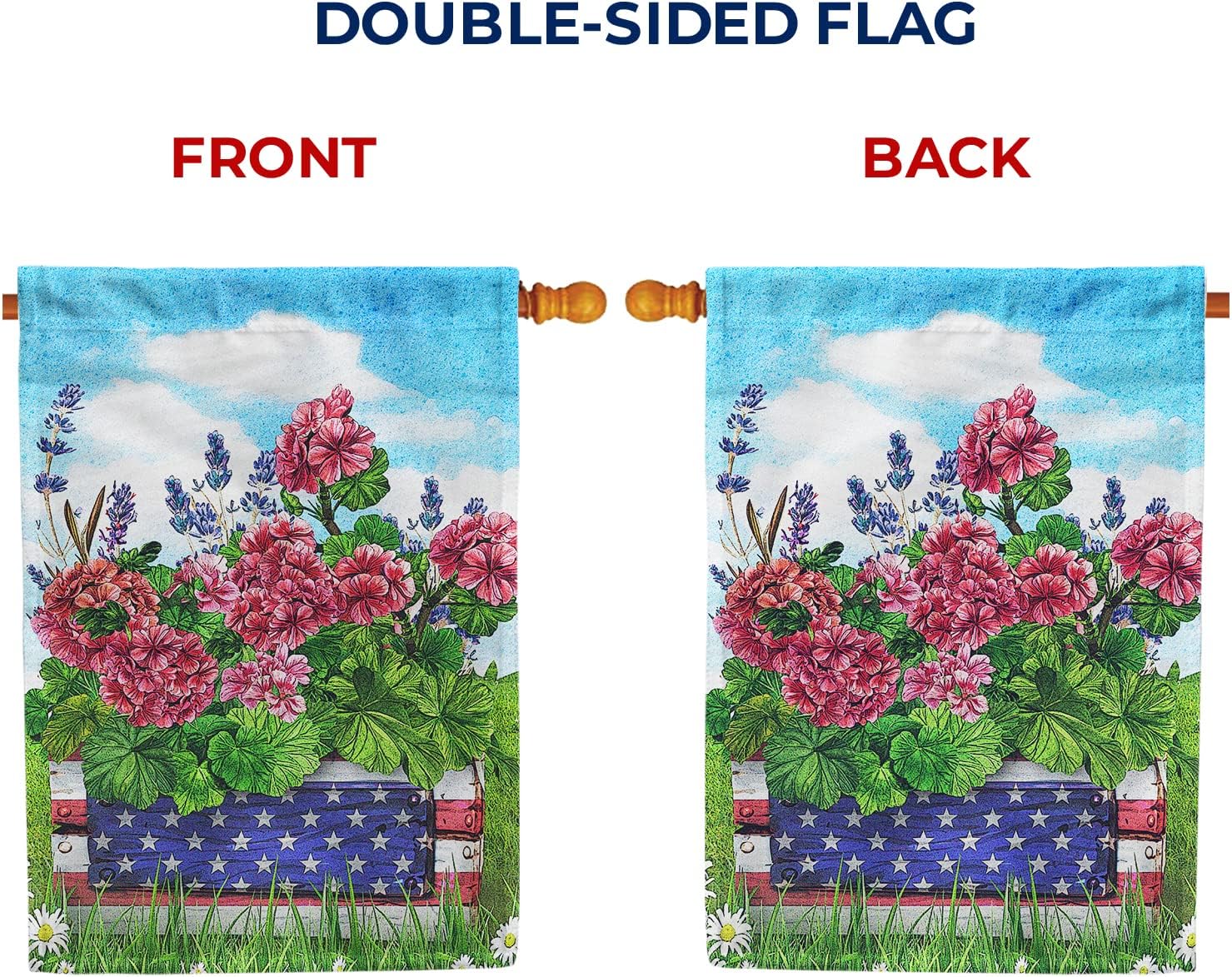 America Forever Patriotic Geraniums Floral House Flag 28 x 40 inch 4th of July Stars and Stripes Red Flowers Yard Outdoor Decorative Geranium Welcome Flag