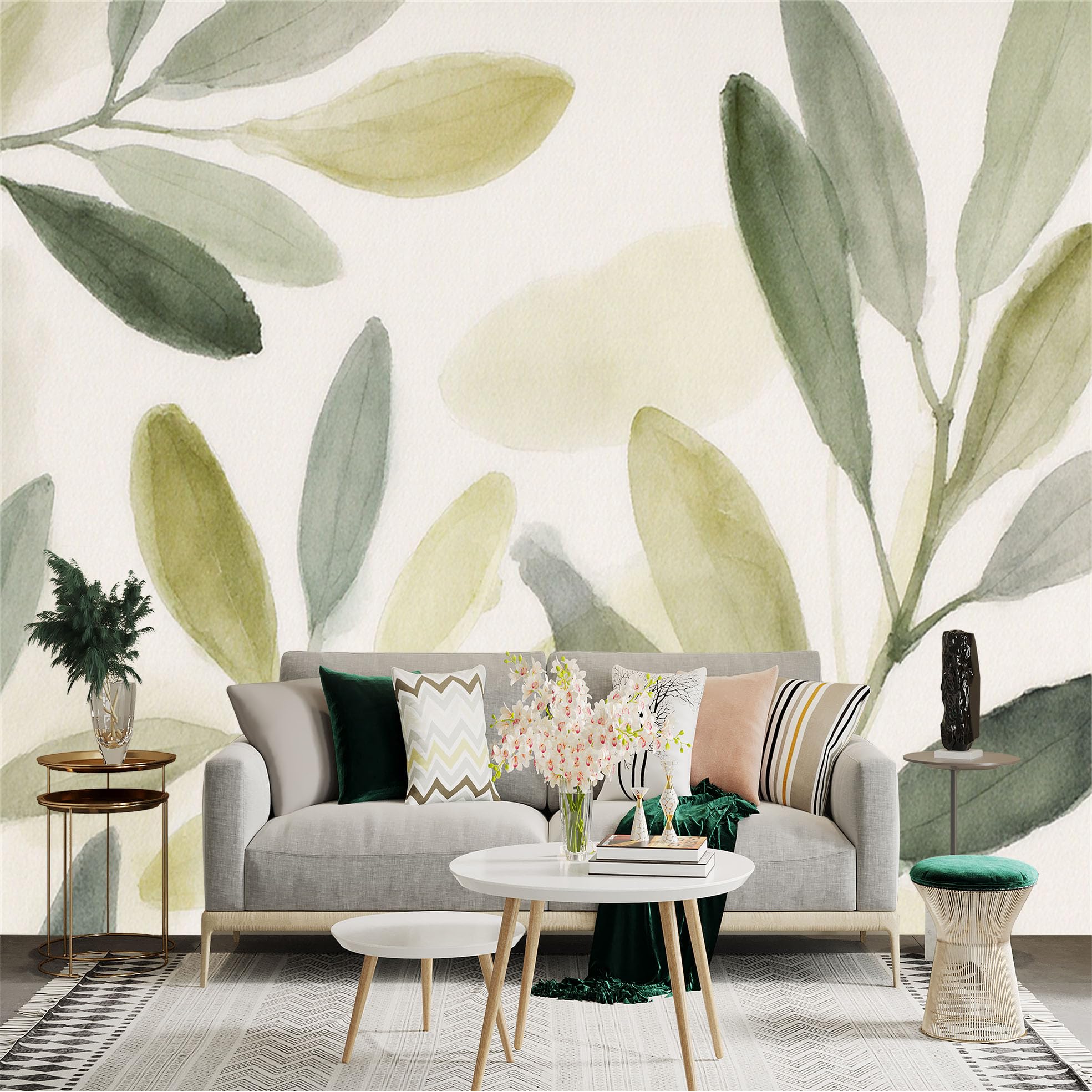 Custom Size Wall Sticker Mural， Watercolor Green Botanical Leaves， Soft Sage Plant Pattern， Minimalist Nature Art， for wall Decoration， peelandstick wall Decals.