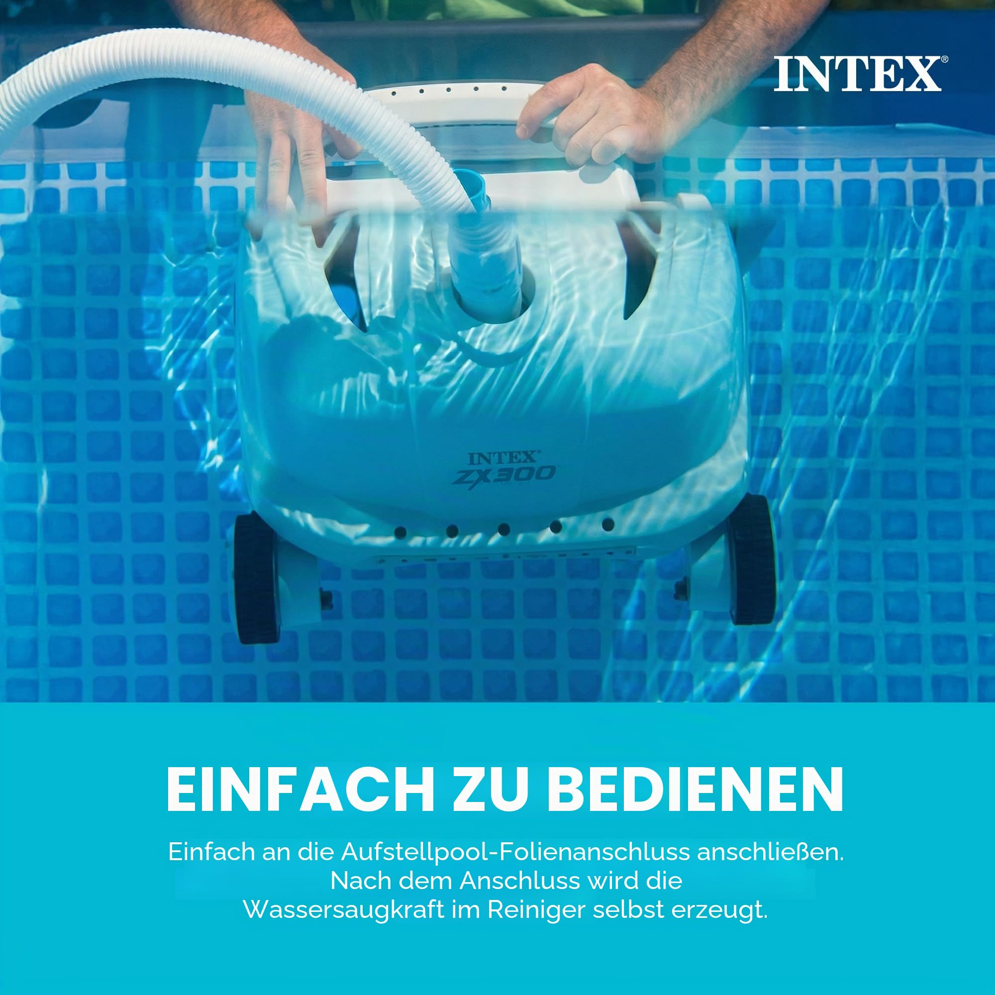 Intex Deluxe Druckseitiger automatischer Poolreiniger für größere Pools – reinigt Poolböden und Wände – entfernt Schmutz – abnehmbare Filterwanne – 6,4 m Langer verhedderungsfreier Schlauch