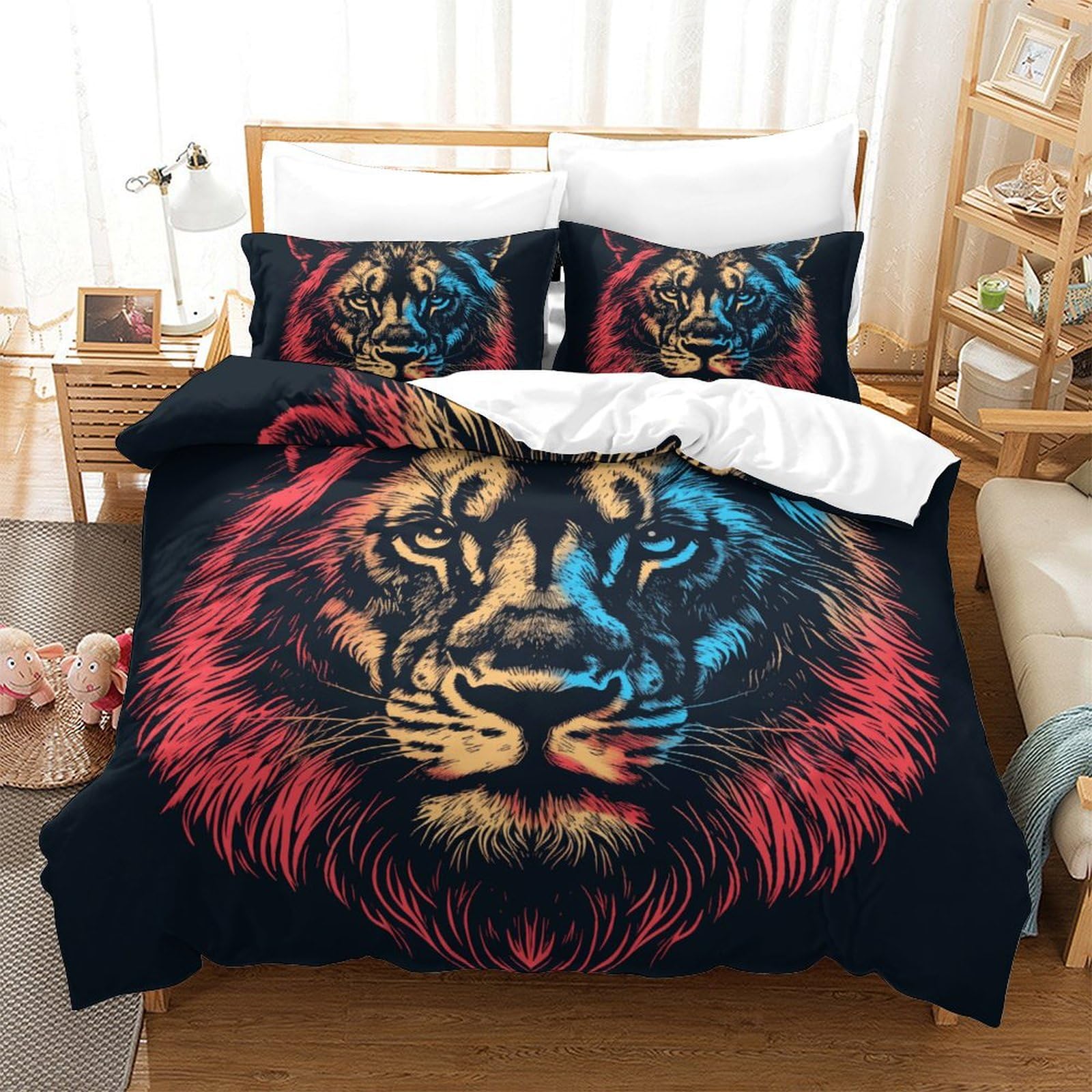 Housse de couette Lion 220x240 cm en microfibre 3D avec deux taies d'oreiller pour lit King