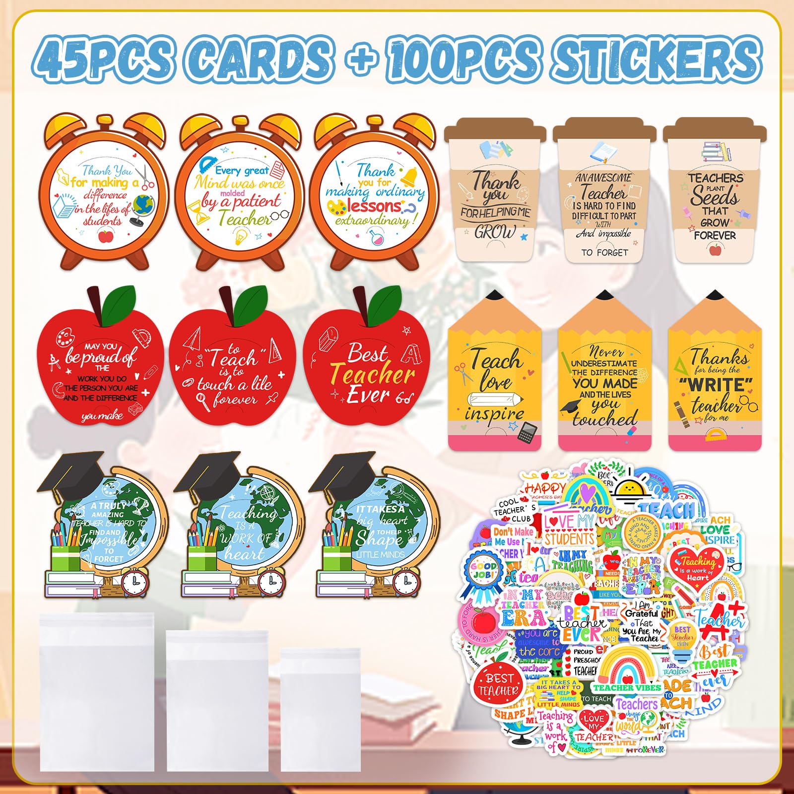 45Pcs 15 Styles Teacher Appreciation Gift Card Holders Bulk with 100 Styles Teacher Stickers–End of School Year Gifts Thank You Cards for Teachers Back to School or Teacher Appreciation Week Supplies