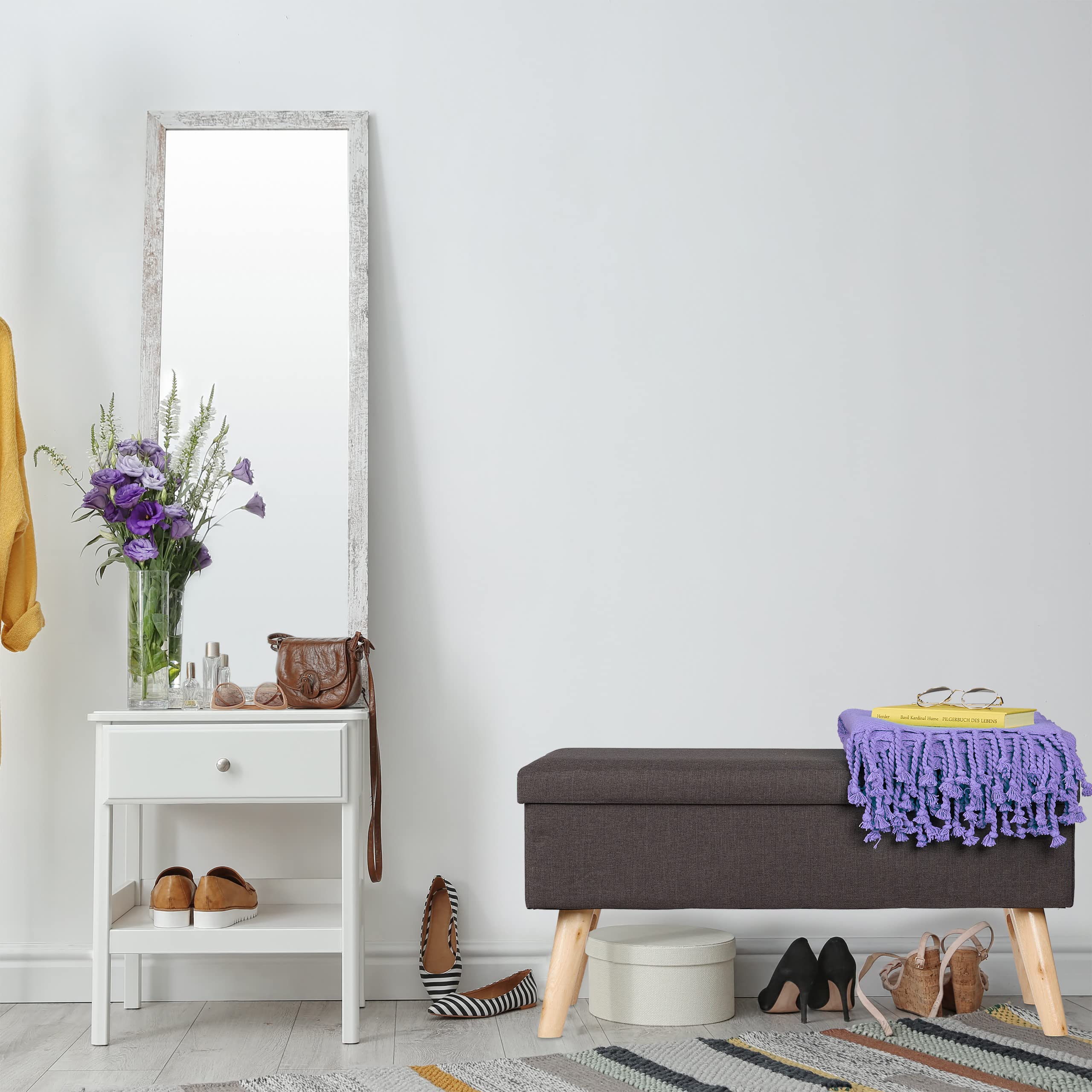Relaxdays Panca con Contenitore, Panchetta Imbottita Moderna, Gambe in Legno, Stoffa HLP 39 x 77 x 39 cm, Grigio Scuro