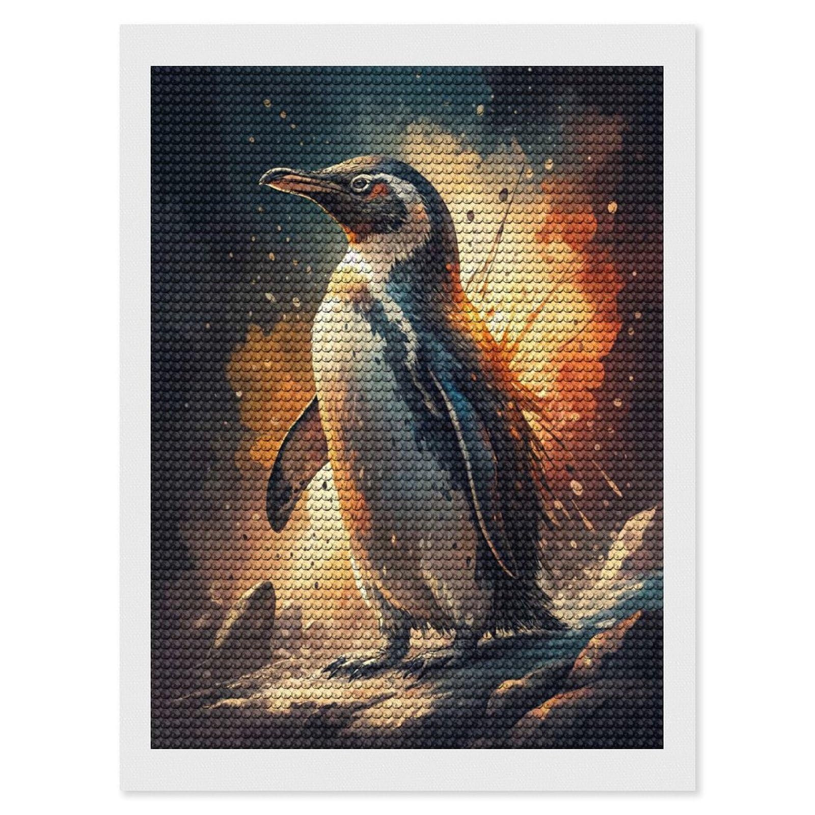Junmoney Penguin with Fiery Aura Round Drill Diamond Painting 12"x16", Satisfying Creative Project, Complete Accessories, Printed Canvas
