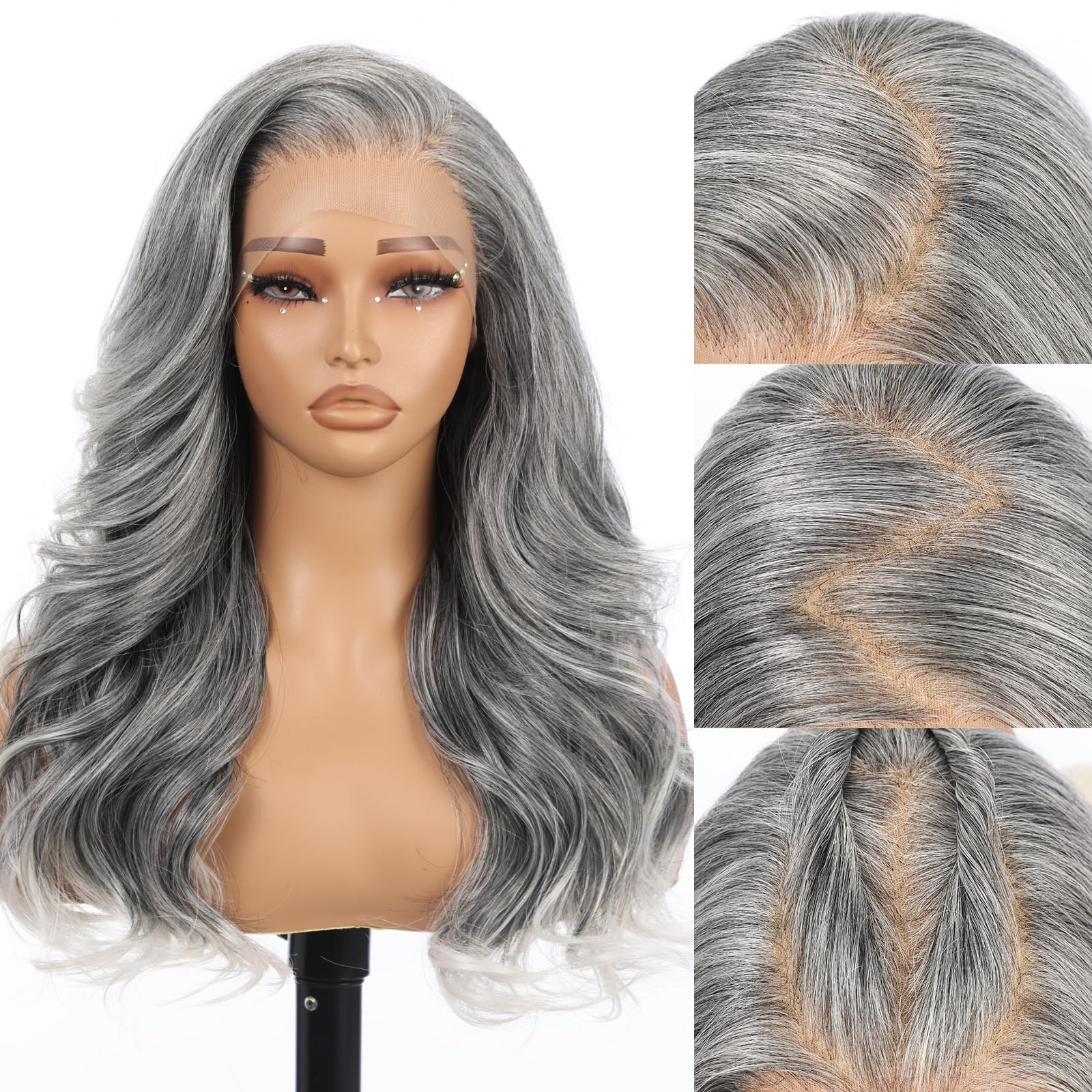 Allbell Graue Perücke für Frauen, 22 Zoll lange lockige Perücke mit Vorhangpony, 13x6 Lace Front Perücke für den täglichen Gebrauch
