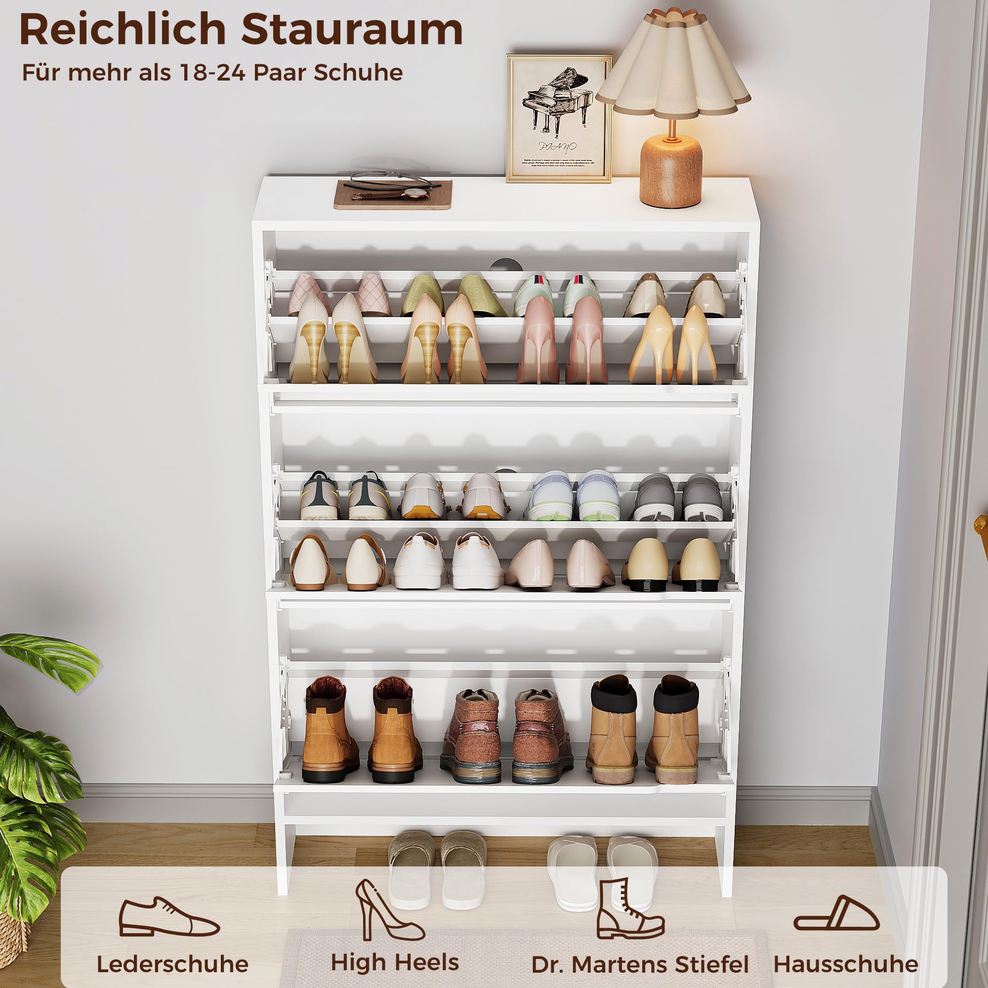 IRONCK Schuhschrank 3 Klappen, Schuhkipper Schmal, Schuhregal 3 Ebenen, Schuhaufbewahrung Holz, Schuhkommode Flur mit Verstellbarer Trennwand, für 18+ Paar Schuhe, 80 x 23.5 x 125.5 cm, Weiß