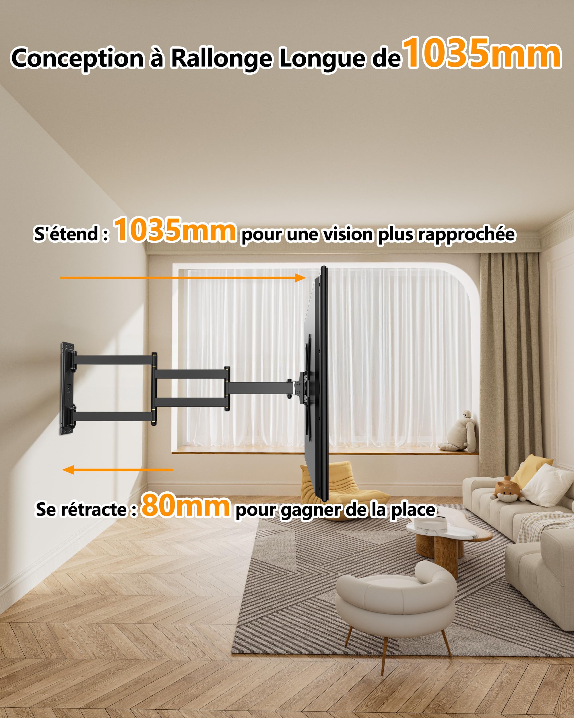 Support Mural TV à Extra Longue Portée 1035 mm, 180° Pivotant Support TV Mural Orientable et Inclinable pour Téléviseurs, Écrans & Monitors 17-50 Pouces LED LCD jusqu'à 30 kg, Max VESA 300x300 mm