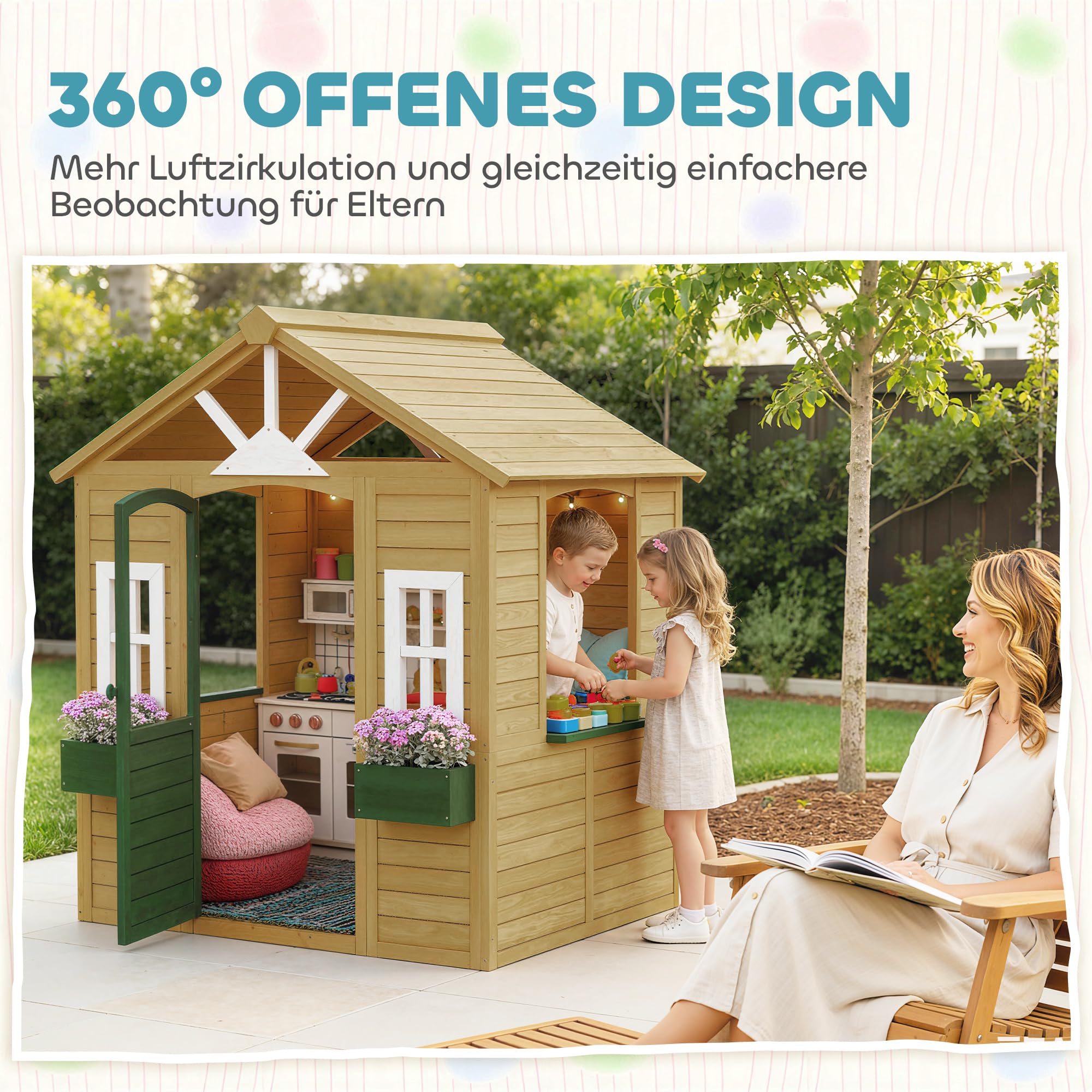 AIYAPLAY Kinderspielhaus aus Holz Spielhaus Outdoor 134,5 x 97 x 150 cm Braun