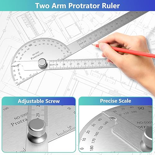 Miniatura 5 de ForoGore Transportador de acero inoxidable de 180 grados, regla de dos brazos, transportador de ángulo ajustable, regla de carpintería, herramienta