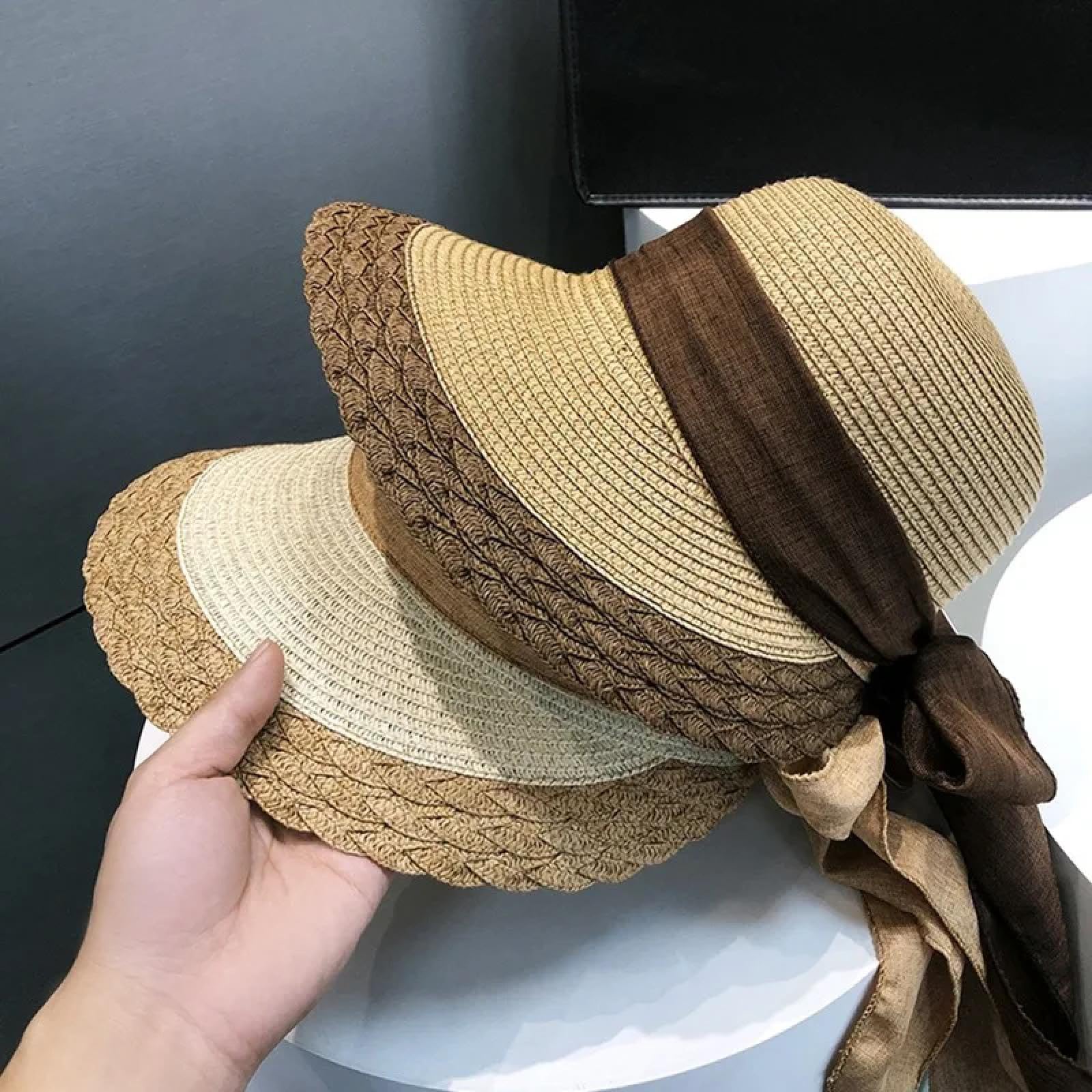 Gorros De Punto para Sombrero Tejido Beanie Sombrero De Paja De ala Sombrero De Protección con Lazo Cinta Viseras Transpirables Gorra De Playa De Viaje Al Aire Libre