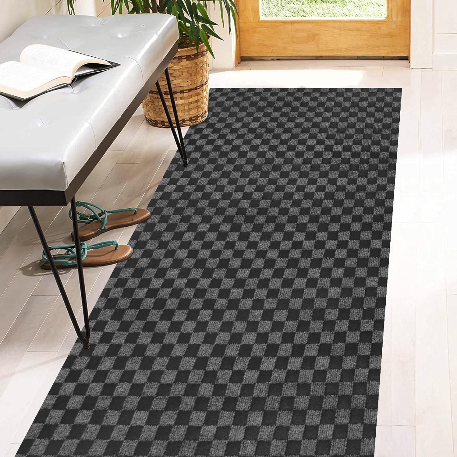 2' x 57' Runner Rugs with Rubber Backing, Indoor Outdoor Utility Carpet Runner Rugs, Checkered Gray, Can Be Used as Aisle for The RV and Boat, Laundry Room and Balcony