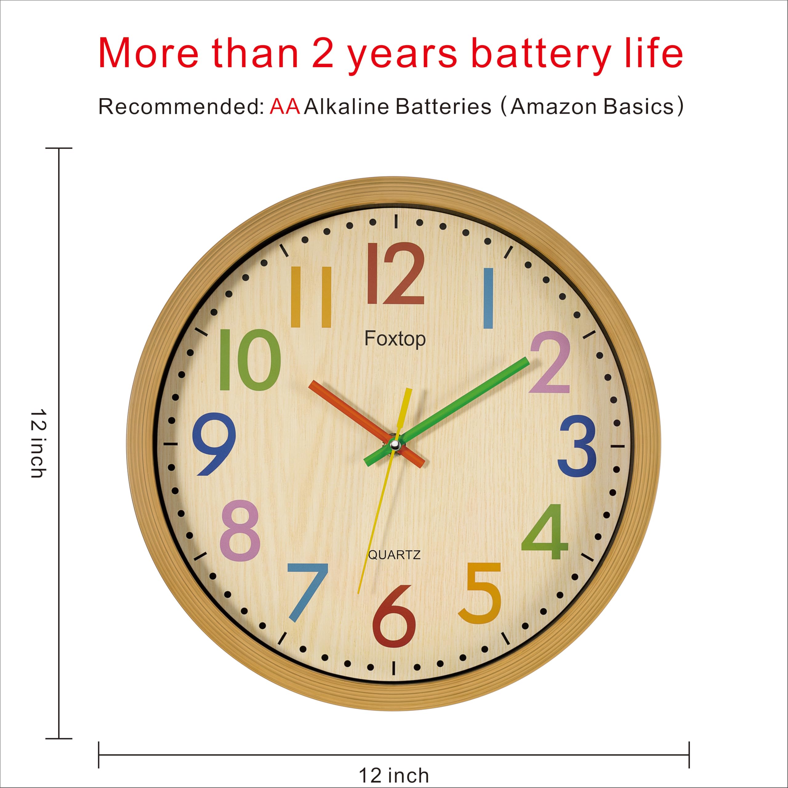 Foxtop Silent Kids Wall Clock 12 Inch Non-Ticking Battery Operated Colorful Childrens Clock for Classroom Playroom Nursery Bedrooms Kids Room School