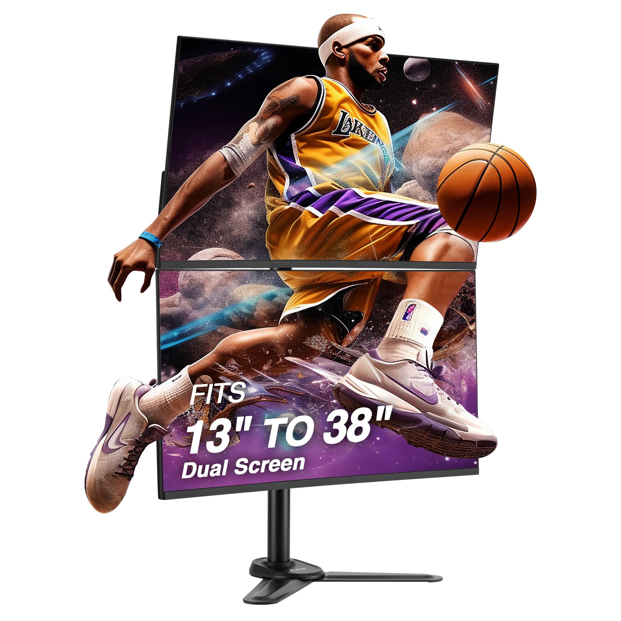 AVLT38" Vertical Ultrawide Monitor Mount Stand Two Stacked 26.5 lbs Screens on Heavy-Duty Pole Save Workspace with Fine-Tune Height Tilt Swivel Rotate Adjustment Free Standing Sturdy Base